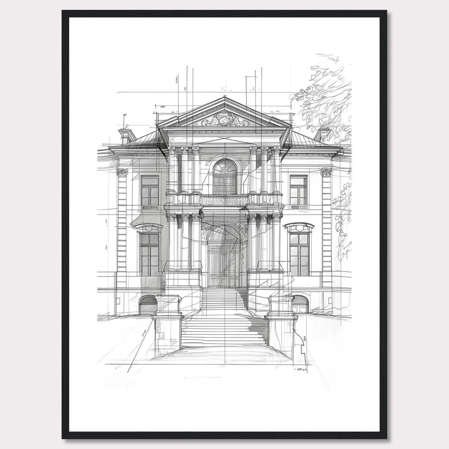 This image showcases an architectural sketch of a grand, classical building. The detailed drawing highlights the intricate design and majestic structure of the edifice.