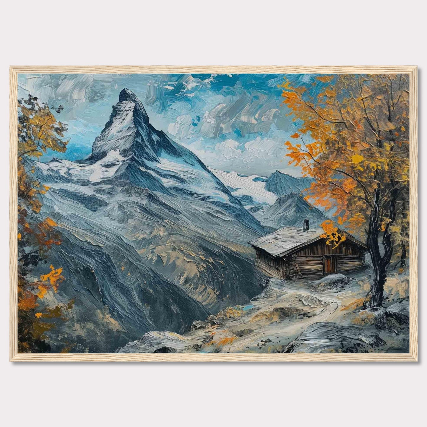 This stunning painting captures a serene mountain landscape with a quaint cabin nestled among the snow-covered peaks. The vibrant autumn foliage adds a splash of color against the majestic backdrop of towering mountains and a clear blue sky.