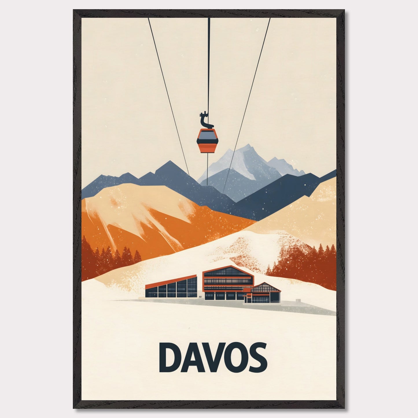 A stunning visual of a winter resort in Davos, nestled among snow-covered mountains. A cable car ascends above, symbolizing the excitement of skiing and high-altitude adventures.