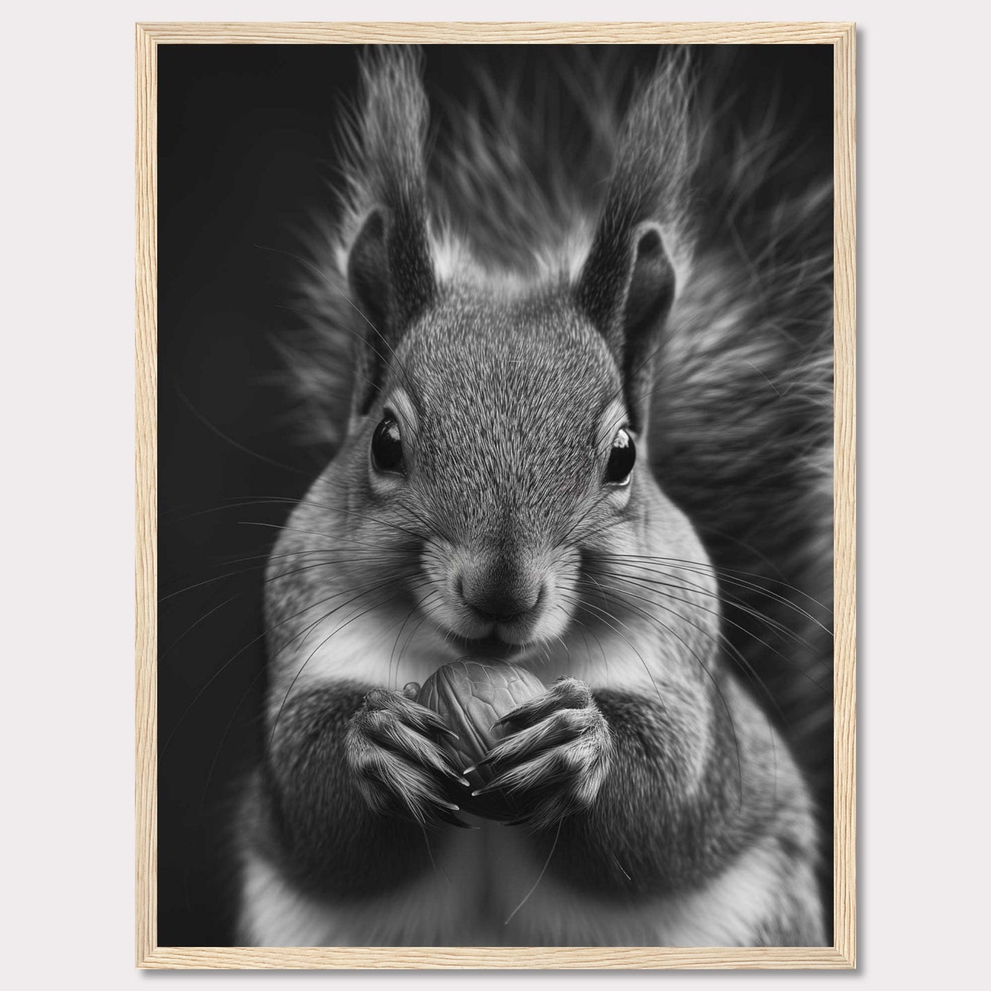 This captivating black and white photograph showcases a close-up of a squirrel holding a nut. The fine details of the squirrel's fur and the texture of the nut are beautifully highlighted, creating a striking contrast against the dark background. The squirrel's focused gaze adds an element of intensity to the image.