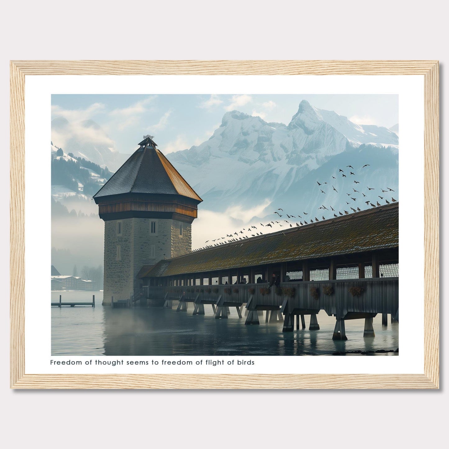 This captivating photo showcases a serene scene featuring a historic tower and a covered wooden bridge over calm waters, with majestic snow-capped mountains in the background. A flock of birds is seen soaring freely in the sky, adding a sense of movement and freedom to the tranquil setting.