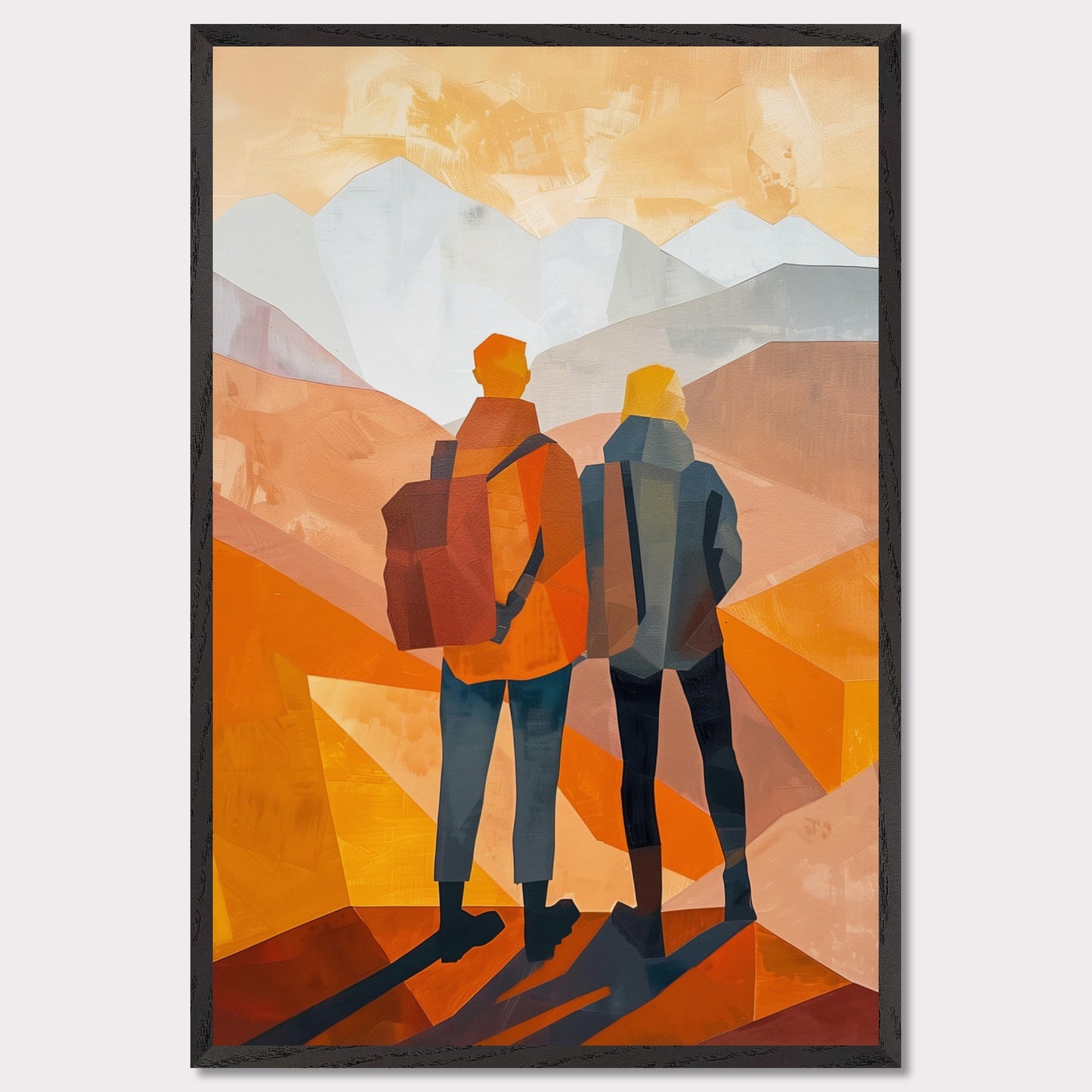 This illustration depicts two figures standing side by side, gazing at a mountainous landscape.

This poster would fit well in a living room, hallway, office, or any space that benefits from artistic and inspirational decor.