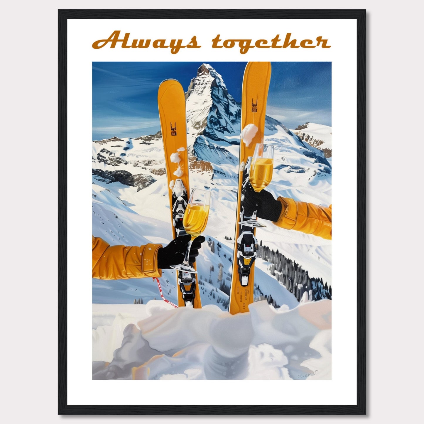 This image showcases a picturesque winter scene with two skiers celebrating on a snowy mountain. The central focus is on the skis and champagne glasses, symbolizing a joyous moment shared together.