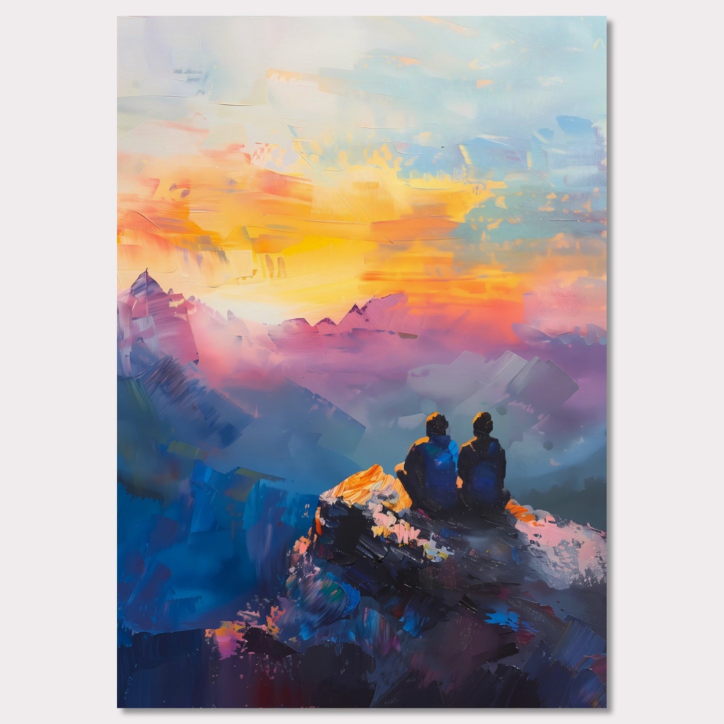 This is an illustration of two people sitting on a rocky cliff, overlooking a vibrant and colorful sunset or sunrise. The sky is painted with warm hues of orange, yellow, and pink, blending into cooler tones of blue and purple.