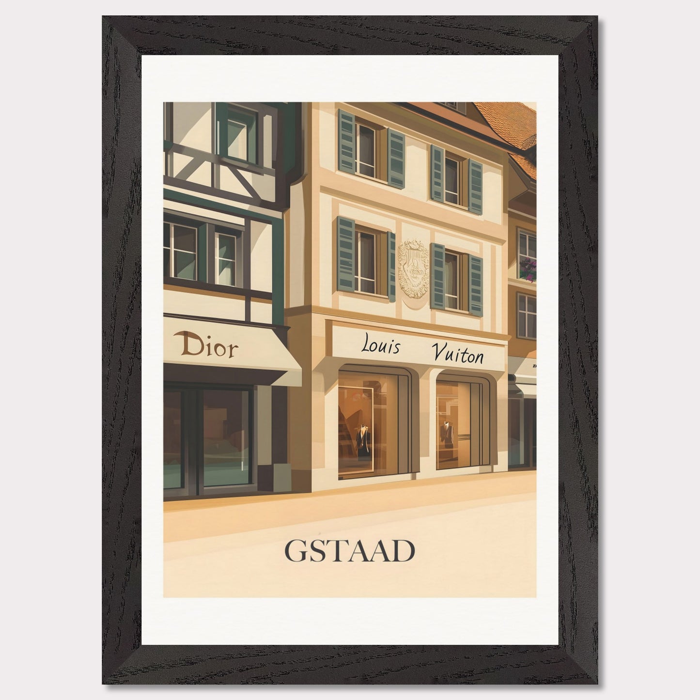 A beautifully illustrated poster showcasing Gstaad’s world-class shopping scene. The charming facades of Dior and Louis Vuitton boutiques reflect the town’s upscale ambiance.