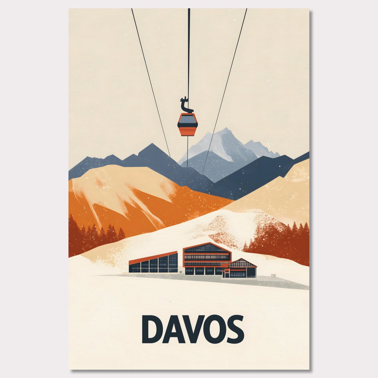 A stunning visual of a winter resort in Davos, nestled among snow-covered mountains. A cable car ascends above, symbolizing the excitement of skiing and high-altitude adventures.