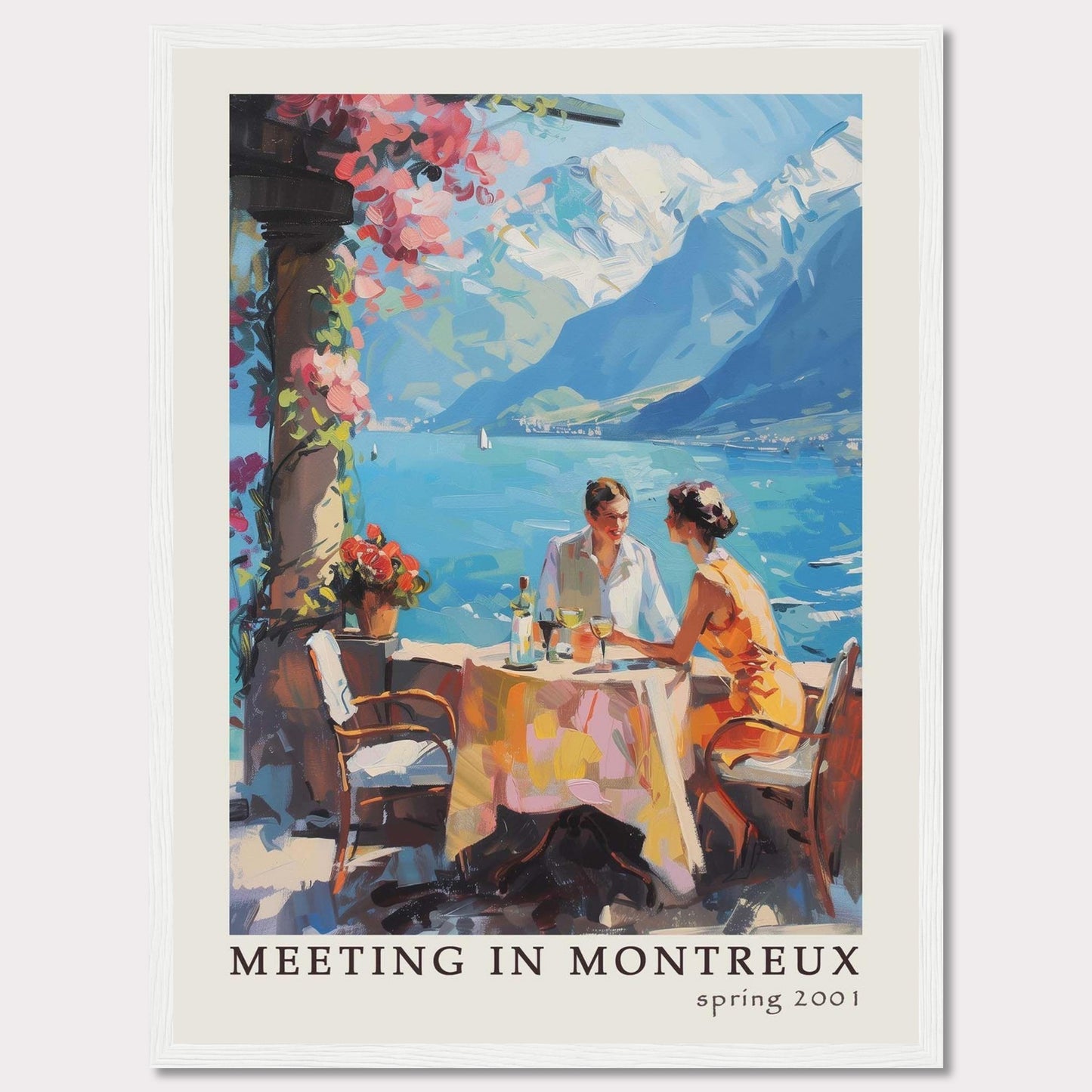 This vibrant poster captures a serene moment of a couple dining outdoors with the stunning backdrop of Montreux's picturesque lakeside and mountains.