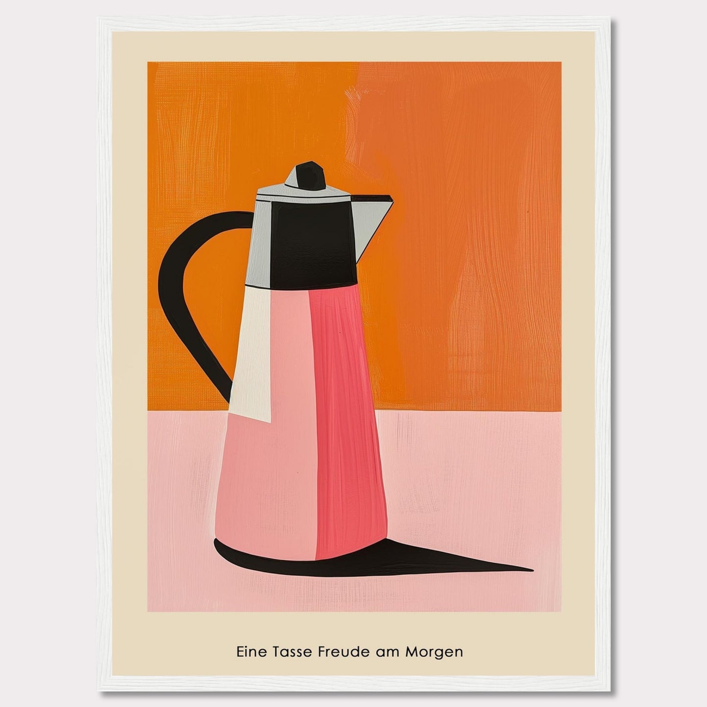 This image features a vibrant, modern art depiction of a coffee pot against a bold orange and pink background.