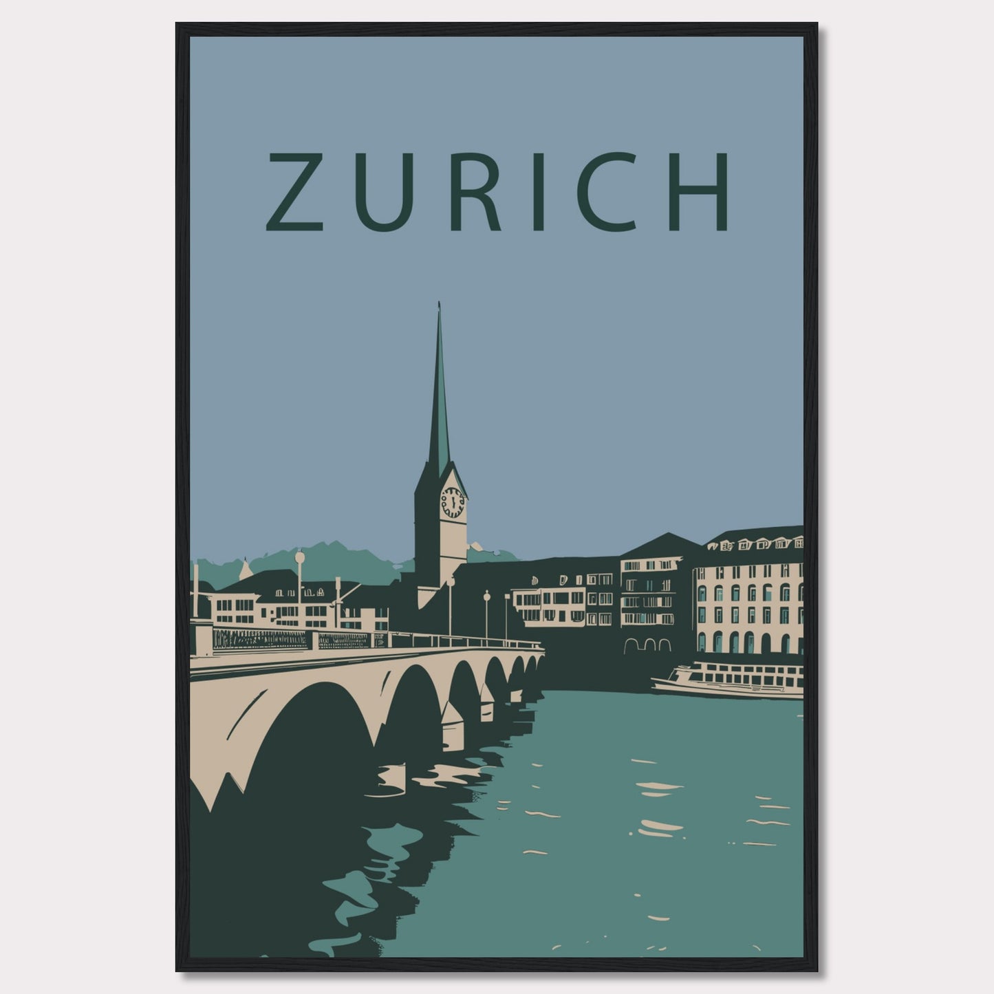 This poster features a serene illustration of Zurich, showcasing its iconic architecture and tranquil river scene.