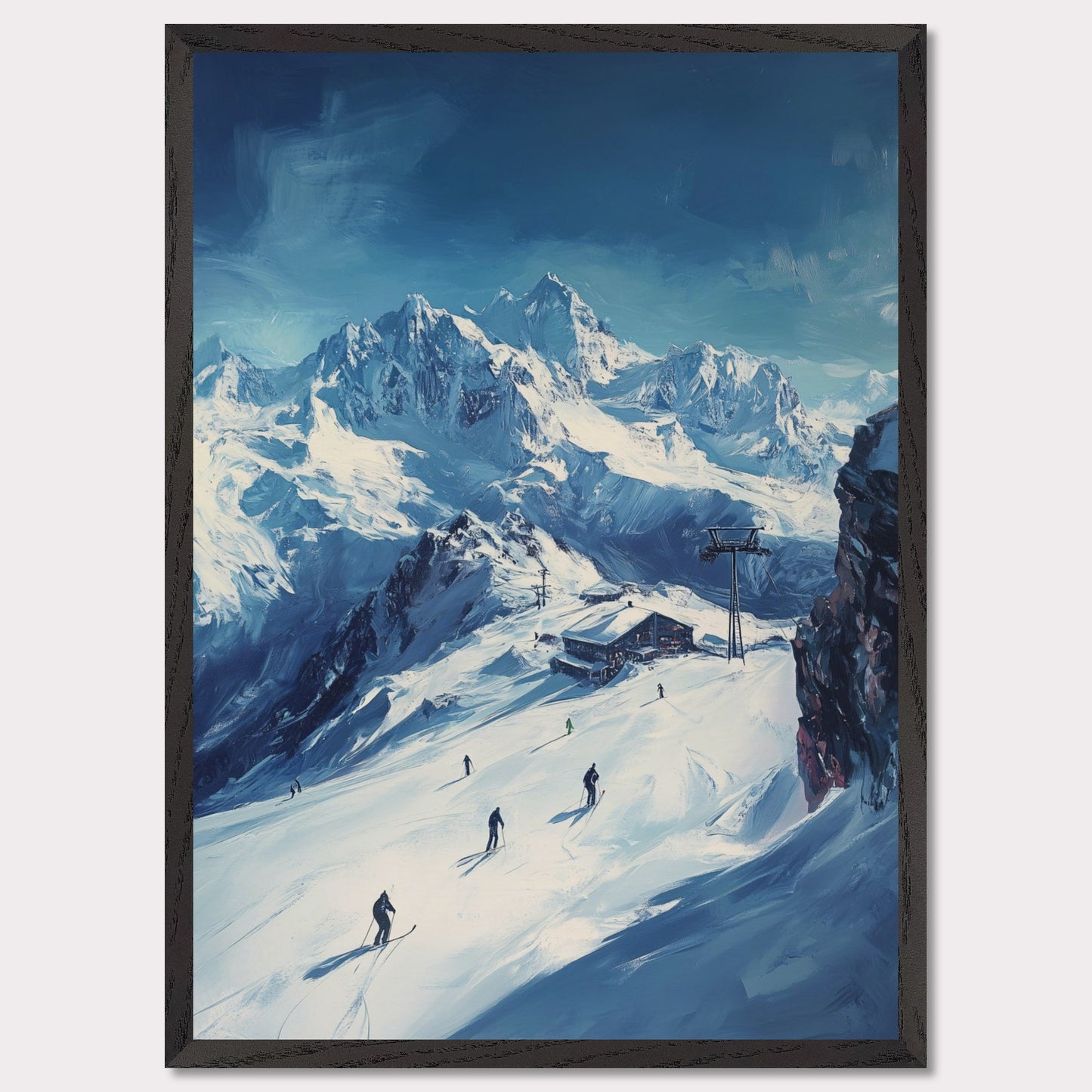 This vibrant, retro-style poster captures the excitement of skiing through the Swiss Alps, with skiers navigating fresh powder beneath towering, snow-covered peaks. The vast landscape and the thrill of the descent evoke a sense of freedom and adventure. The vintage typography and warm colors enhance the adventurous spirit, making it a perfect invitation to explore the slopes of the Swiss Alps and experience the rush of alpine skiing.