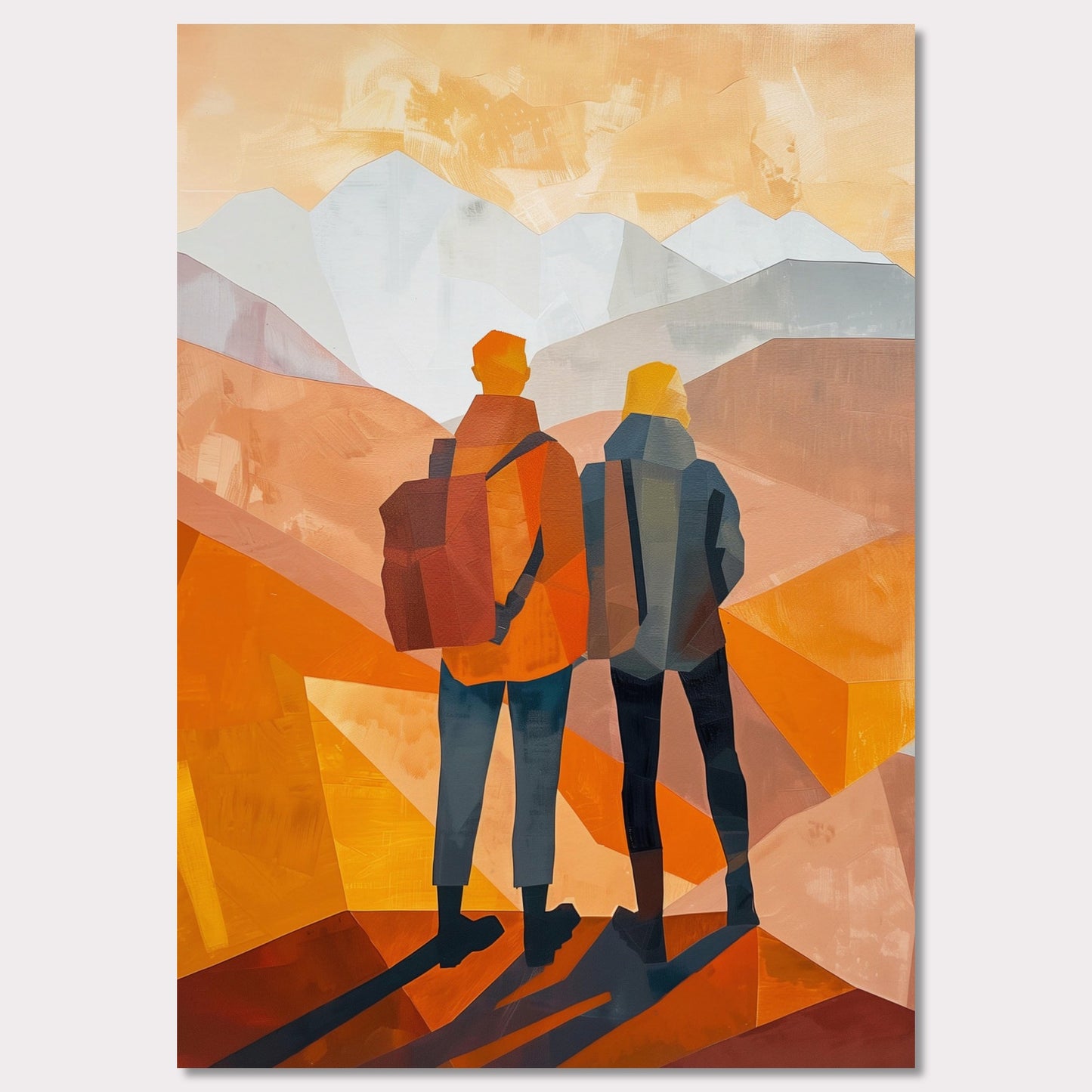 This illustration depicts two figures standing side by side, gazing at a mountainous landscape.