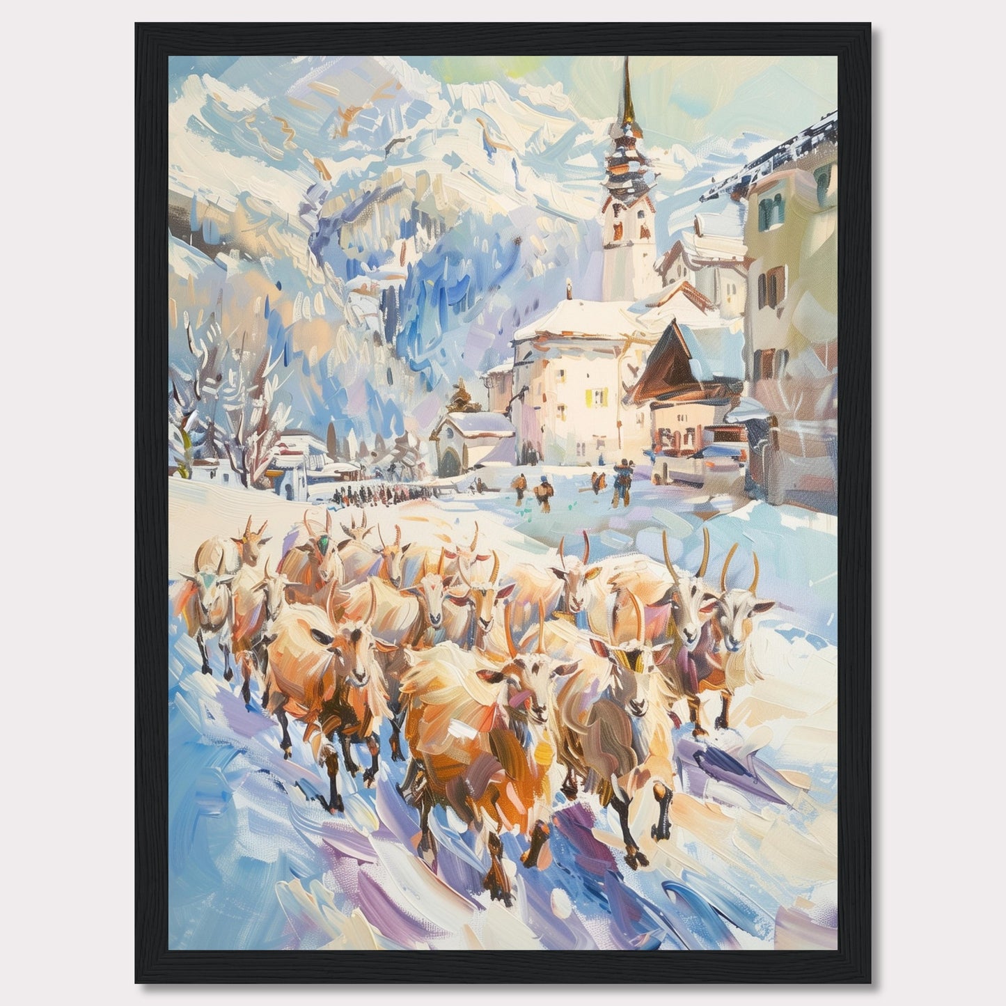 This captivating painting depicts a serene winter village scene with a herd of sheep being guided through the snow-covered streets. The backdrop features majestic snow-capped mountains and charming alpine architecture, including a prominent church steeple.