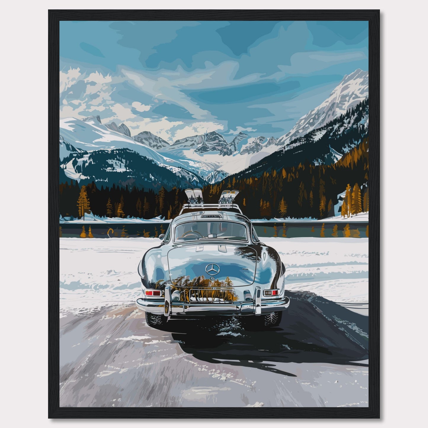 This artwork features a classic car parked on a snowy road with breathtaking snow-capped mountains and a serene lake in the background.