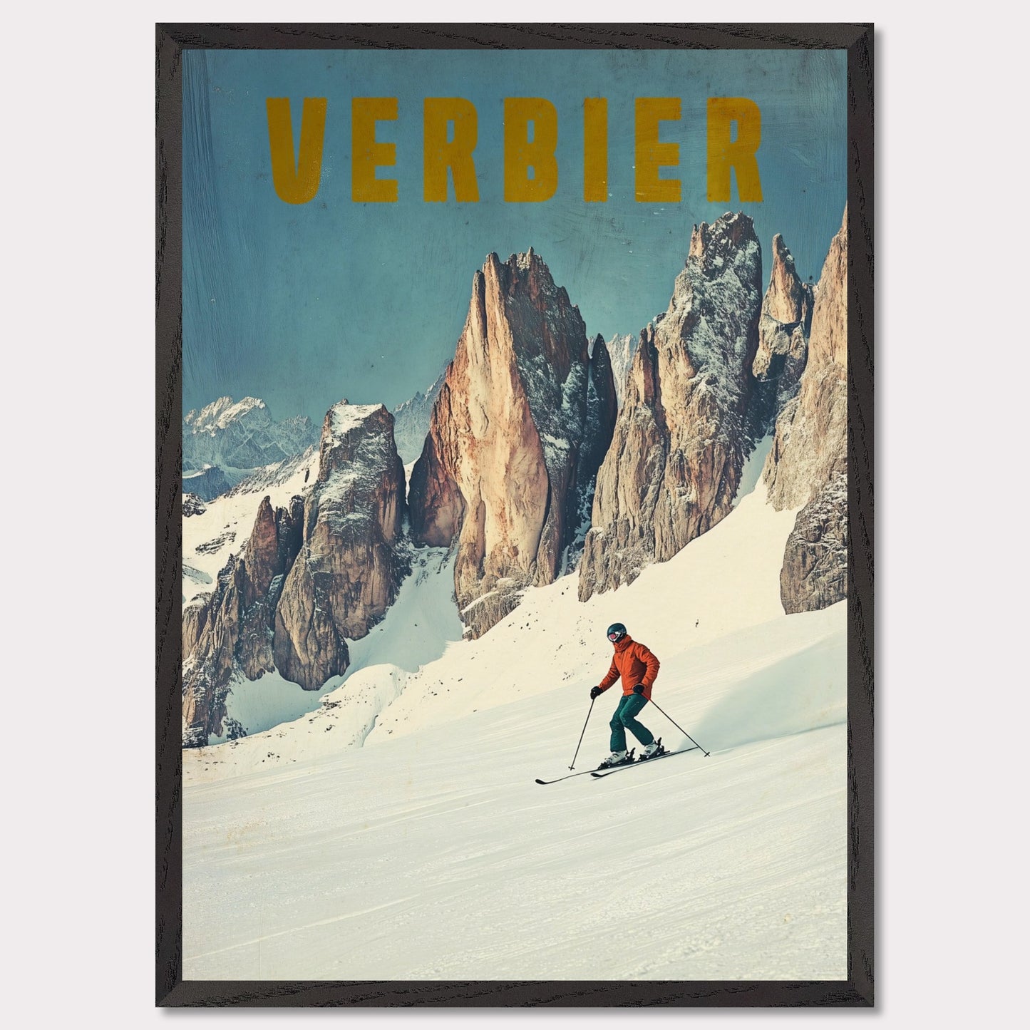 This stunning vintage poster showcases the essence of skiing in Verbier, with a lone skier carving through fresh powder beneath towering, jagged alpine peaks. The vibrant orange jacket of the skier contrasts beautifully with the crisp, snowy landscape and the rugged beauty of the mountains. The bold, retro typography reinforces the feeling of adventure and nostalgia, inviting viewers to experience the thrill of Verbier’s iconic slopes.