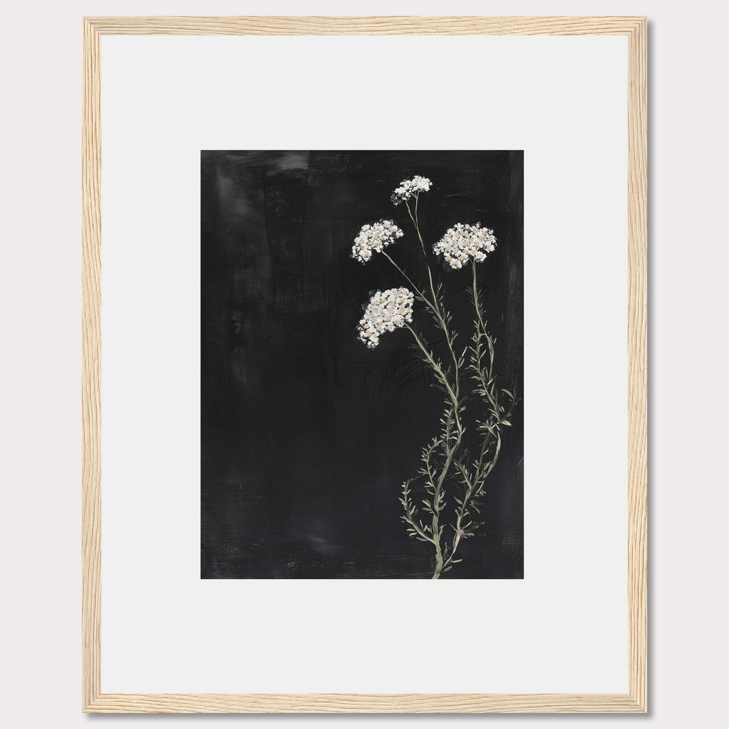 This elegant framed artwork features delicate white flowers against a deep black background, creating a striking contrast. The minimalist design emphasizes the natural beauty of the floral arrangement, making it a perfect addition to any modern interior.