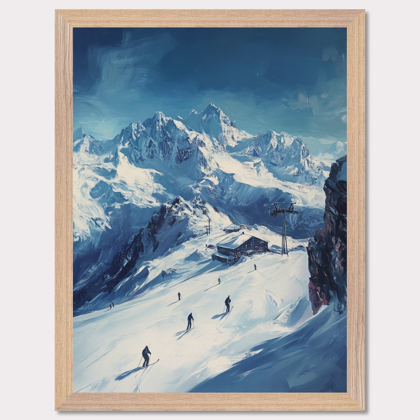 This vibrant, retro-style poster captures the excitement of skiing through the Swiss Alps, with skiers navigating fresh powder beneath towering, snow-covered peaks. The vast landscape and the thrill of the descent evoke a sense of freedom and adventure. The vintage typography and warm colors enhance the adventurous spirit, making it a perfect invitation to explore the slopes of the Swiss Alps and experience the rush of alpine skiing.