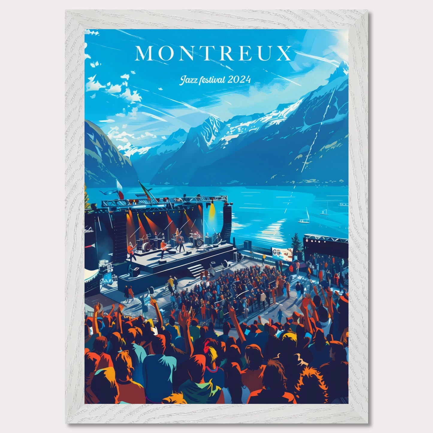 This vibrant poster showcases the Montreux Jazz Festival 2024, set against the stunning backdrop of Lake Geneva and the Swiss Alps. The image features a lively crowd enjoying a performance on an outdoor stage, with musicians playing under a clear blue sky.