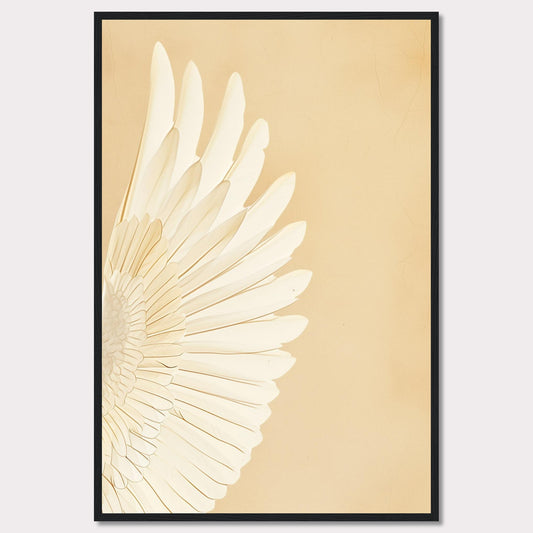 This elegant wall art features a detailed depiction of a white feathered wing against a soft beige background. The minimalist design and neutral tones make it a versatile piece for any room.