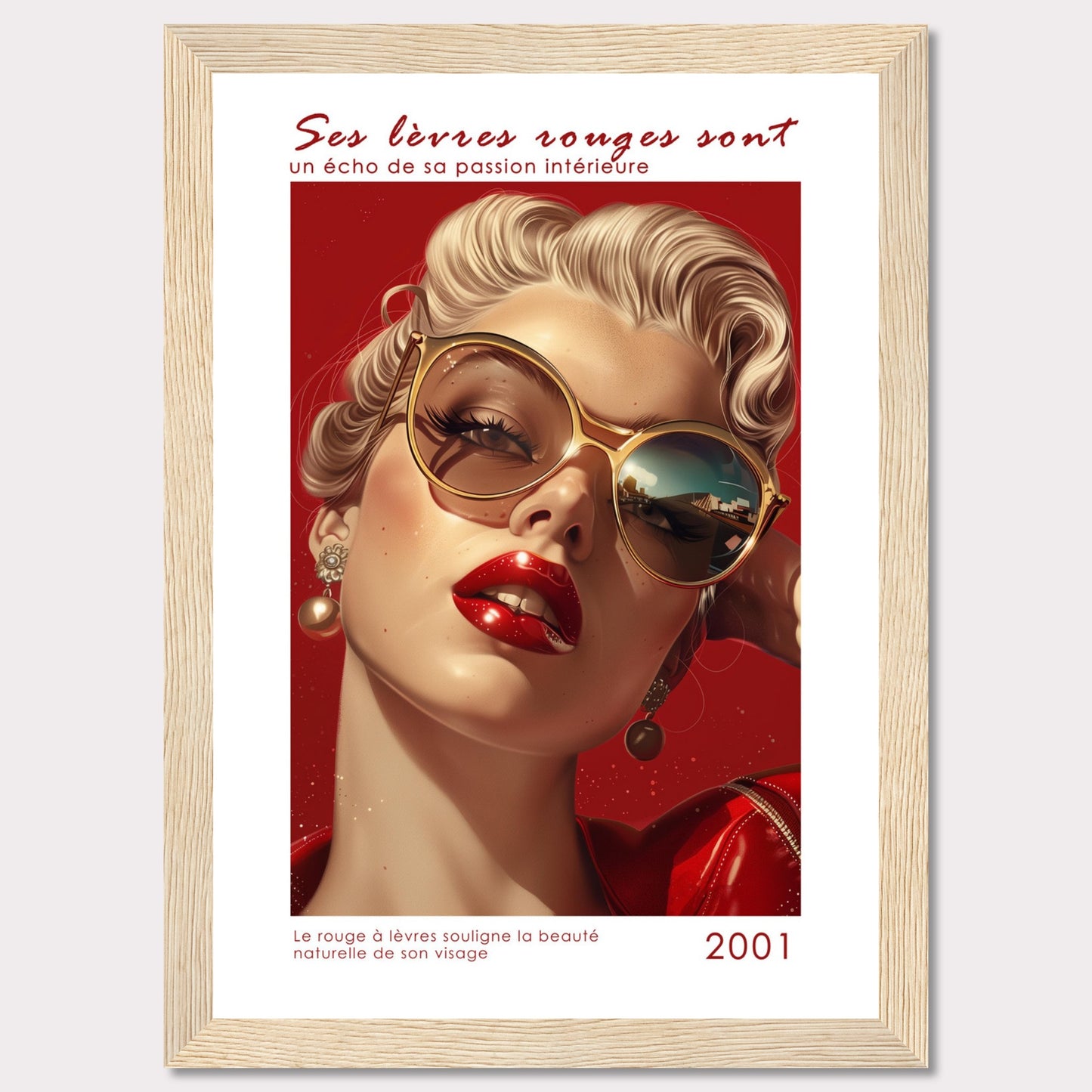 This captivating image features a glamorous woman with bold red lipstick, exuding confidence and allure. Her stylish sunglasses and elegant earrings add to her sophisticated look. The background is a striking red, enhancing the overall intensity of the image.