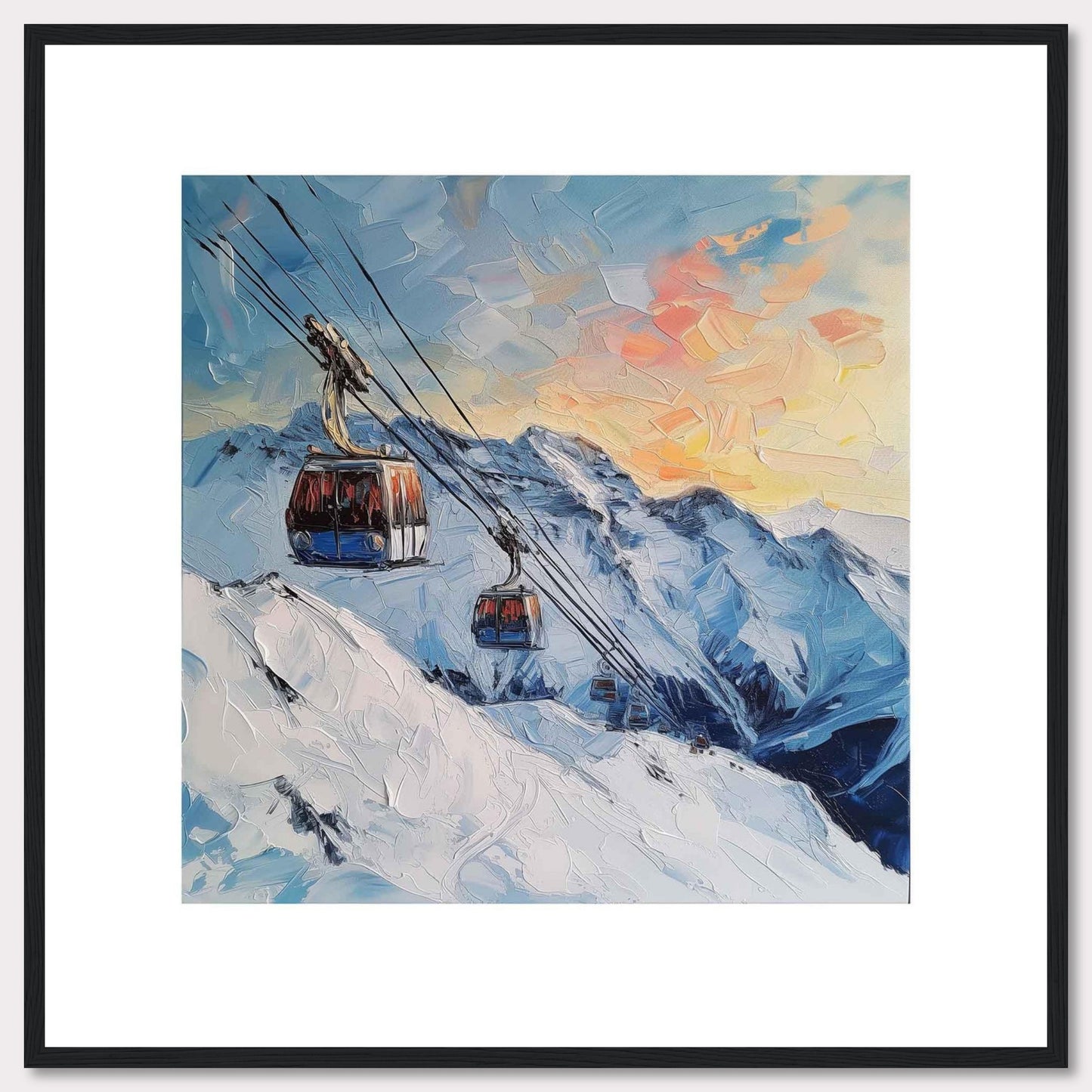 This stunning painting captures a picturesque mountain scene with two cable cars gliding over snowy peaks as the sun sets, casting a warm glow across the sky.