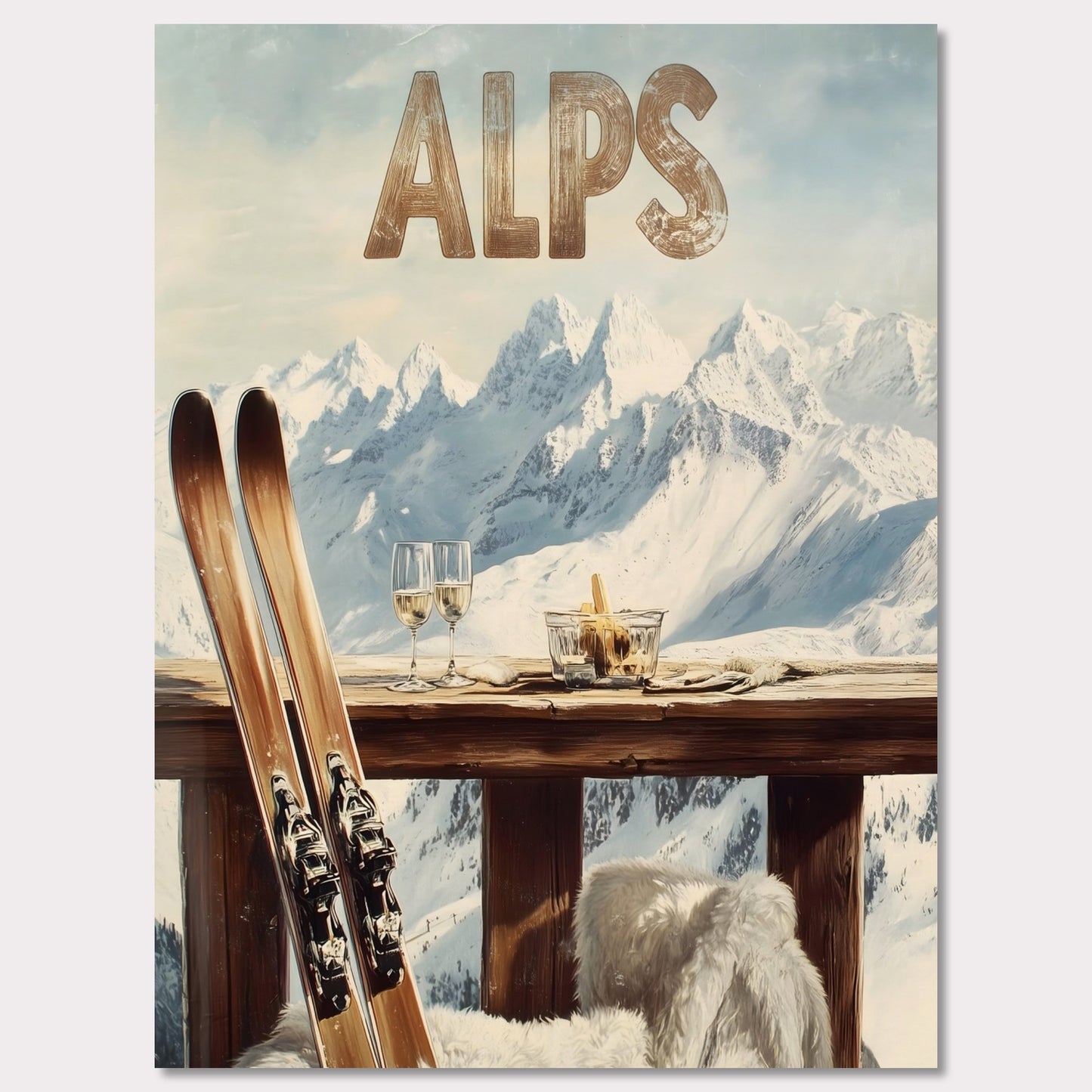 This vibrant poster captures the charm of après-ski culture with a rustic wooden terrace overlooking snow-covered mountains. The warm textures of fur throws and the elegant wine glasses create an inviting post-ski ambiance.