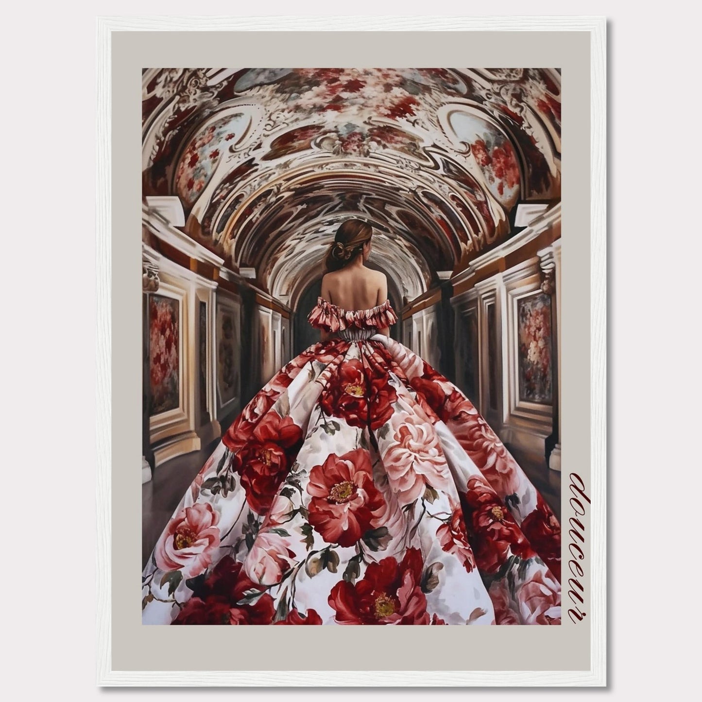 This stunning artwork features a woman in an opulent floral gown walking through an intricately decorated corridor. The scene exudes elegance and grandeur, capturing a moment of timeless beauty.