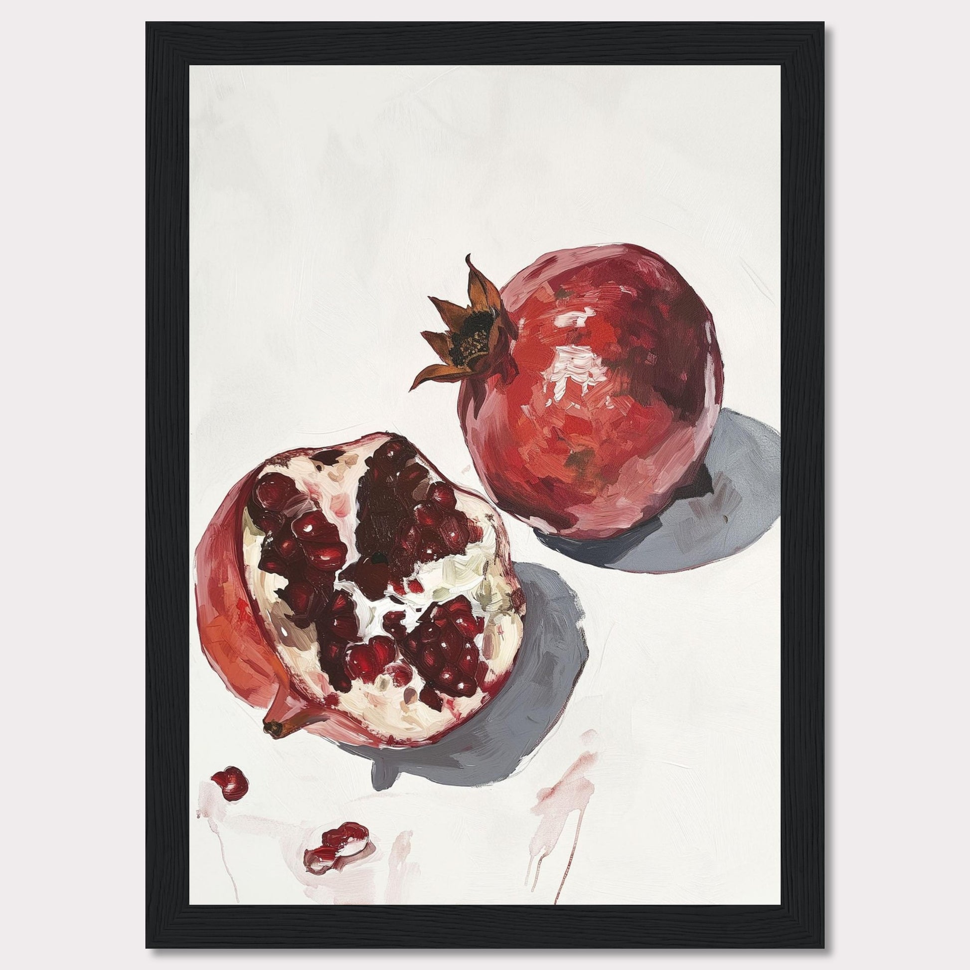 This captivating artwork features a detailed painting of two pomegranates, one whole and one halved, showcasing the vibrant red seeds. The minimalist background highlights the rich colors and textures of the fruit, making it a striking piece for any space.