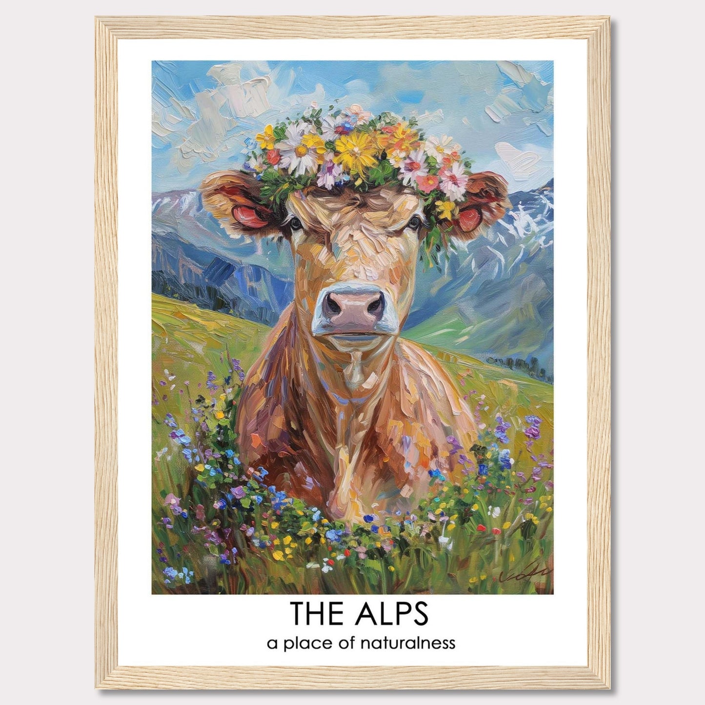 This vibrant artwork depicts a cow adorned with a colorful flower crown, set against the stunning backdrop of the Alps. The painting captures the essence of natural beauty and tranquility.