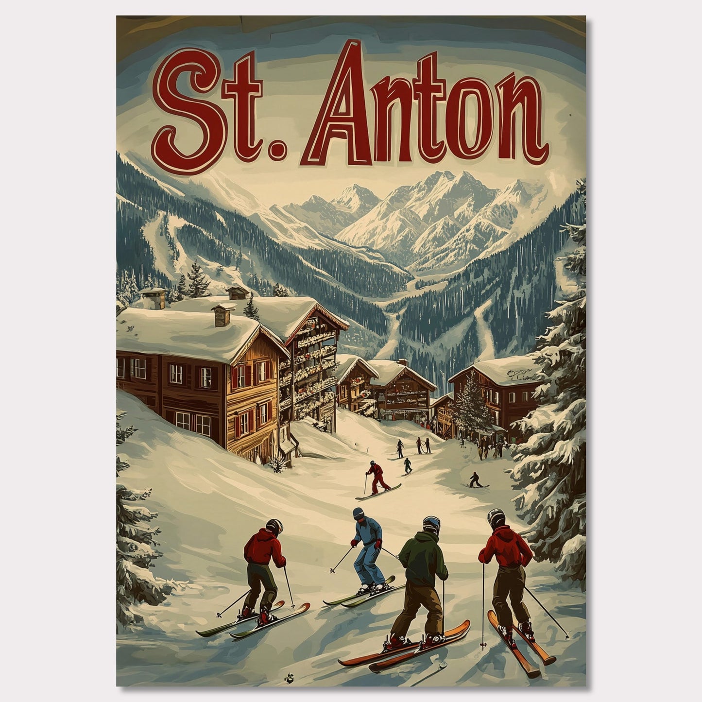 This stunning vintage-inspired poster depicts the idyllic town of St. Anton nestled beneath towering snow-capped peaks. The ski slopes are alive with activity, with skiers descending toward the charming wooden chalets. The warm hues in the sky add a sense of tranquility to the winter landscape, while the retro typography and art style transport the viewer to a time when winter holidays in the Alps were the height of elegance and adventure.