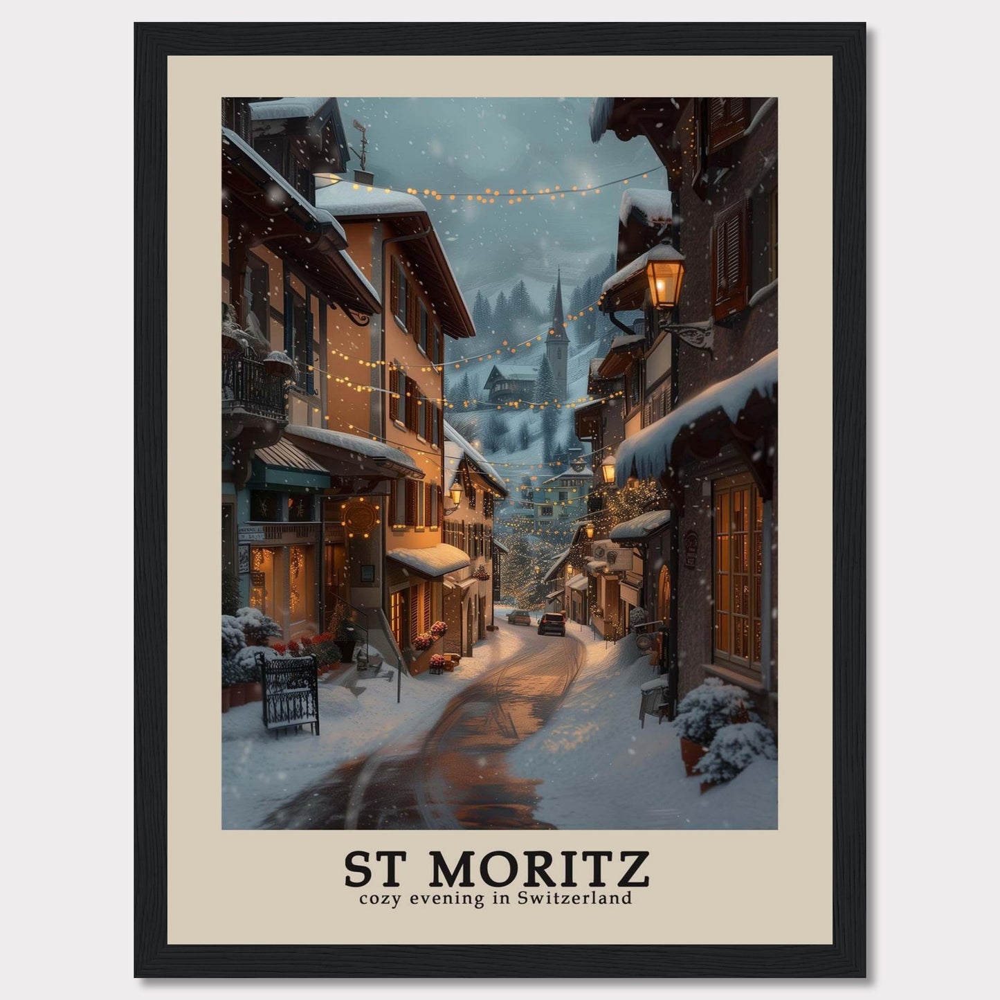 This photo showcases a charming winter evening in St. Moritz, Switzerland. The scene features snow-covered streets adorned with warm, glowing lights, quaint buildings with festive decorations, and a serene, picturesque ambiance.