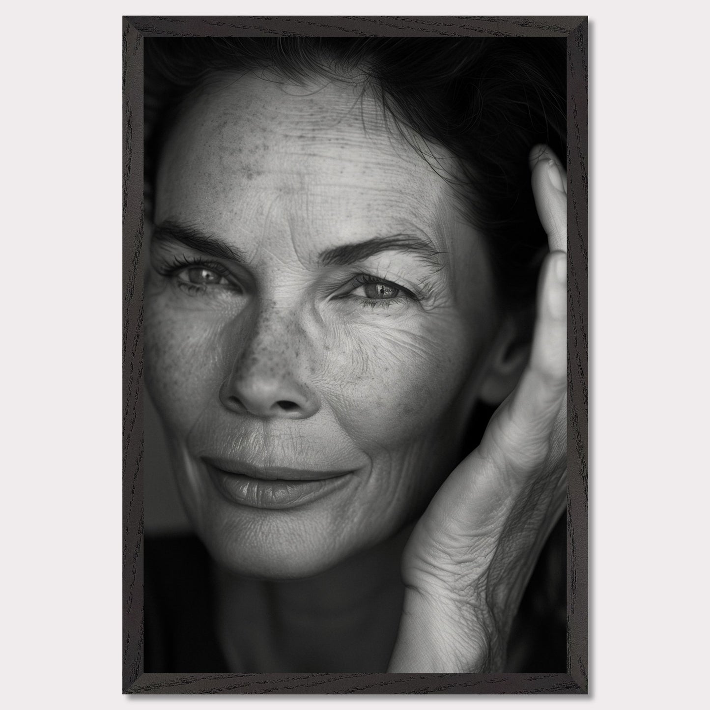 This black and white close-up portrait captures the essence of wisdom and serenity. The woman's expressive eyes, gentle smile, and the texture of her skin tell a story of a life well-lived.