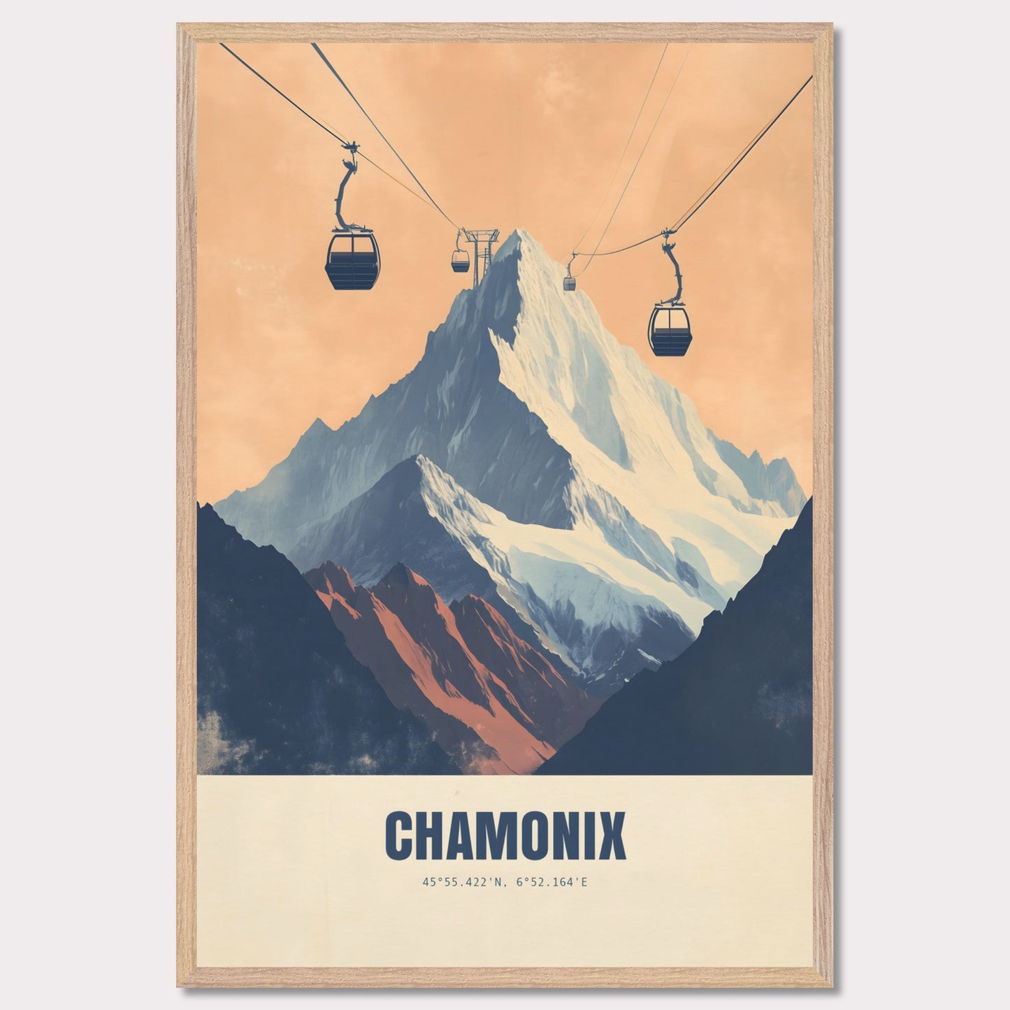 This striking poster showcases the dramatic ascent to Chamonix’s peaks, with cable cars stretching across the sky towards the snow-covered mountains. The bold contrasts between deep shadows and glowing light create an atmosphere of adventure and grandeur.