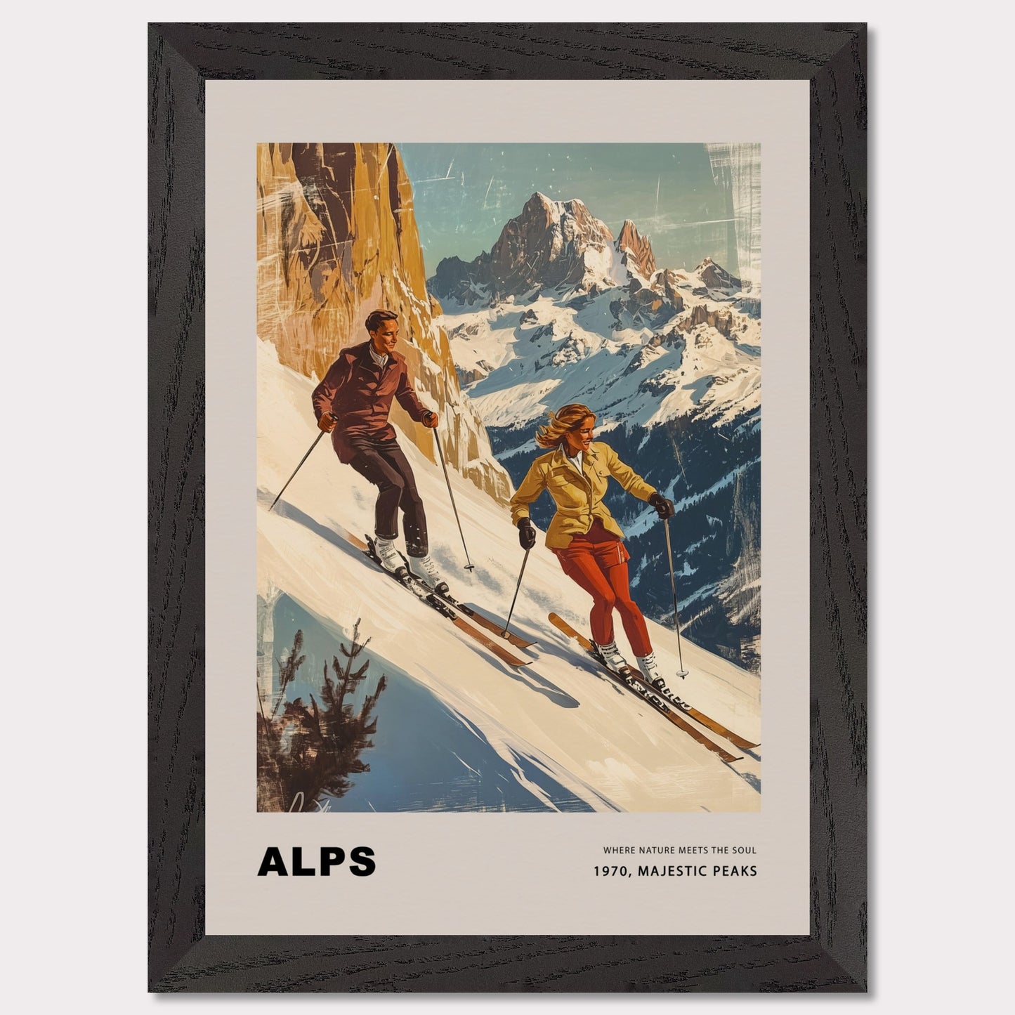 This striking vintage poster celebrates the grandeur of the Alps, depicting a dynamic pair of skiers descending snowy slopes with towering peaks in the background. Their confident movements against the crisp, majestic scenery capture the essence of alpine adventure. The warm, retro tones paired with the timeless typography evoke a sense of nostalgia and the spirit of mountain exploration.