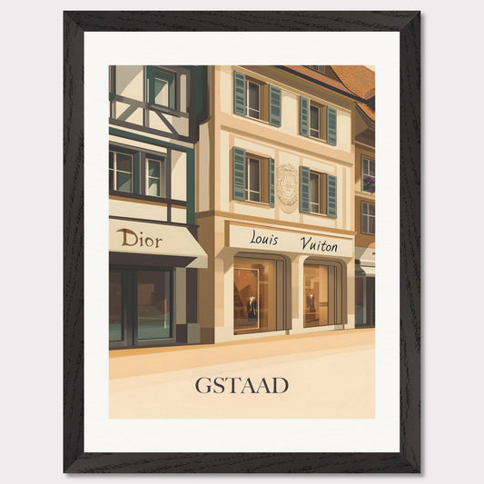 A beautifully illustrated poster showcasing Gstaad’s world-class shopping scene. The charming facades of Dior and Louis Vuitton boutiques reflect the town’s upscale ambiance.