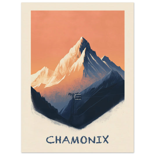 This breathtaking poster captures the rugged majesty of Chamonix, with the towering snow-capped peaks set against a warm, pastel sky. A cable car ascends through the mist, symbolizing adventure, exploration, and the timeless allure of the Alps.