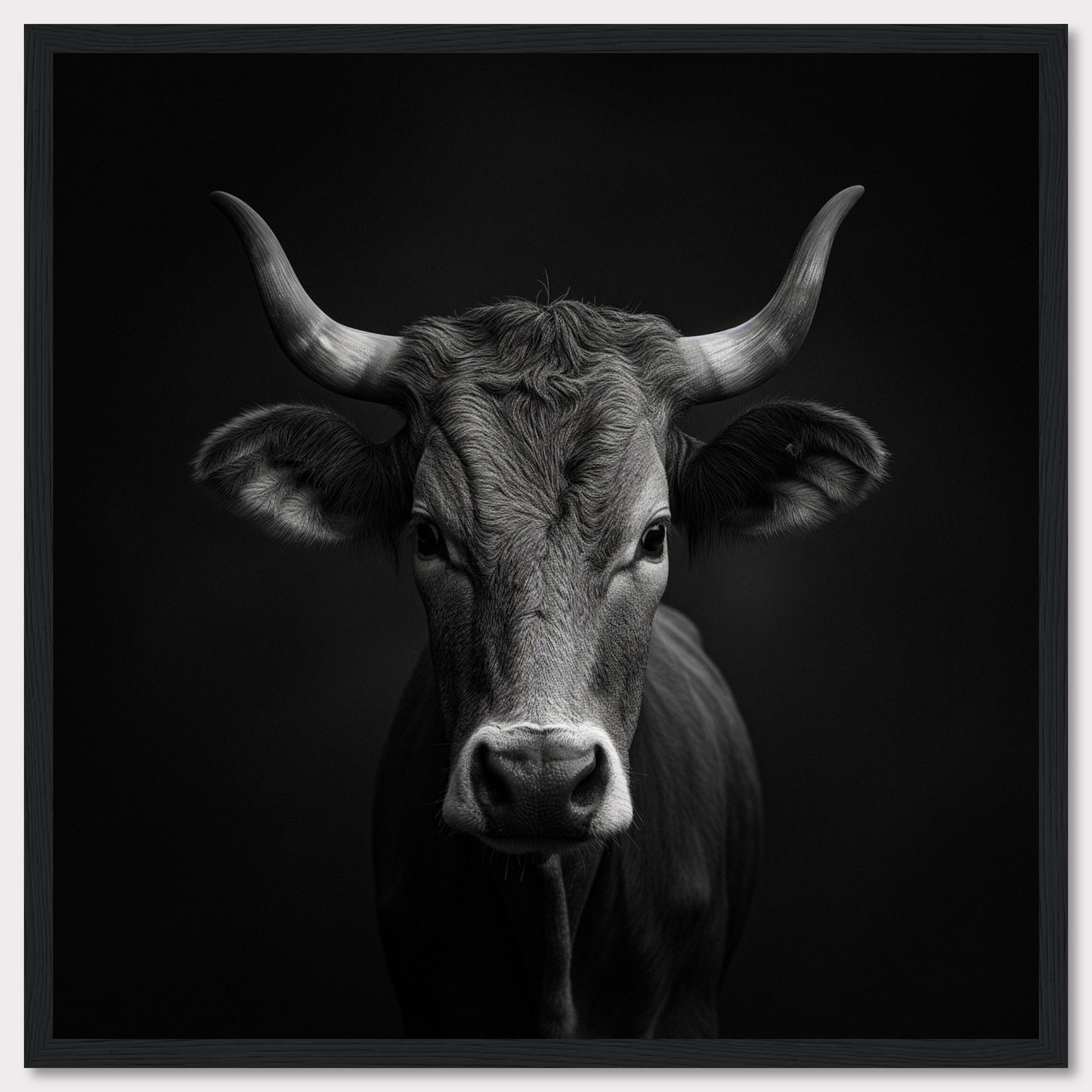 This stunning black and white photograph captures the striking image of a cow, highlighting its majestic horns and serene expression. The detailed texture of the cow's fur is beautifully contrasted against the dark background, creating a powerful visual impact.