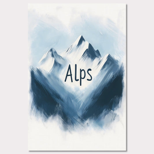 This minimalistic poster captures the raw beauty of alpine peaks, portrayed in a painterly, soft blue tone. The ethereal ambiance evokes a sense of peace and awe, celebrating the untouched splendor of nature.