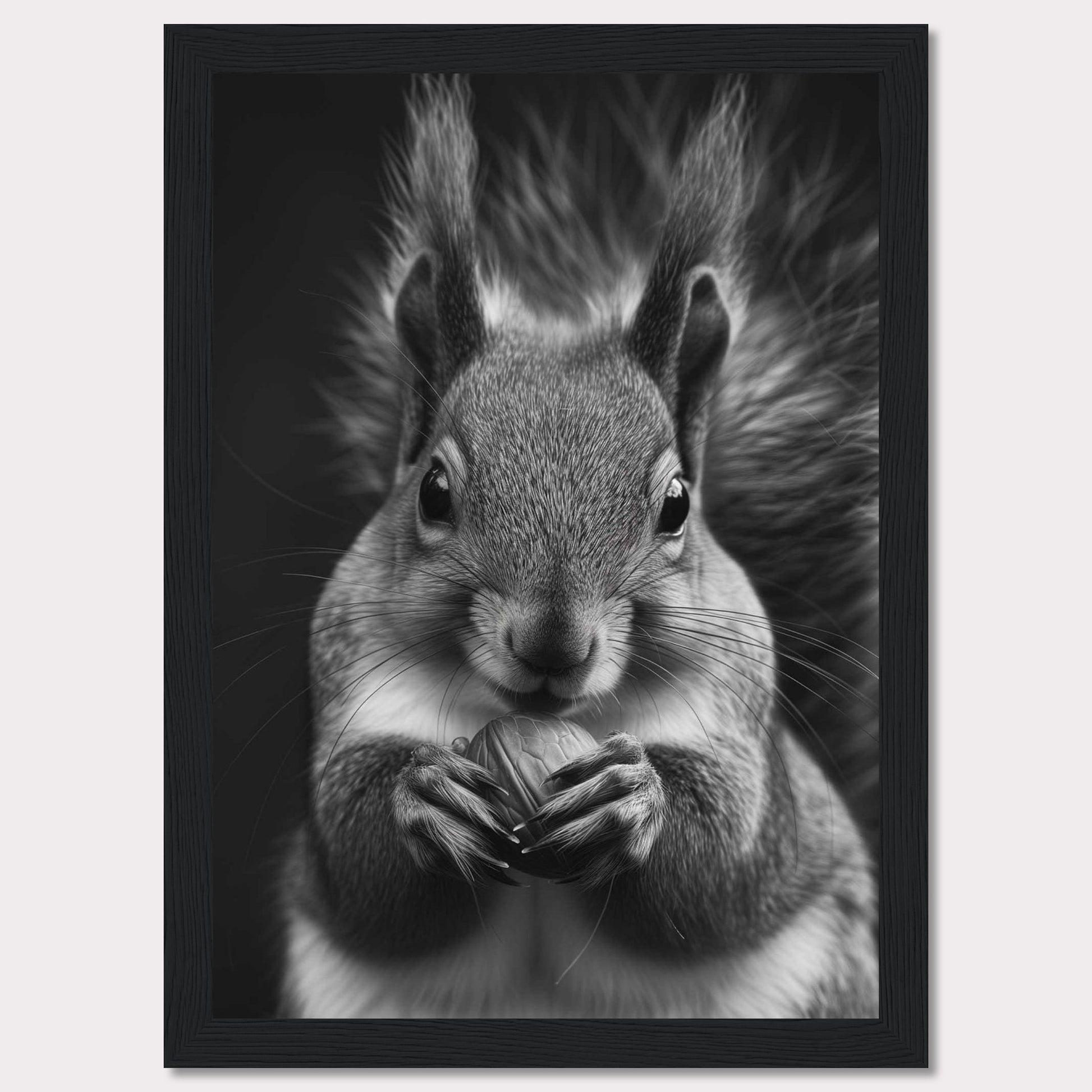 This captivating black and white photograph showcases a close-up of a squirrel holding a nut. The fine details of the squirrel's fur and the texture of the nut are beautifully highlighted, creating a striking contrast against the dark background. The squirrel's focused gaze adds an element of intensity to the image.