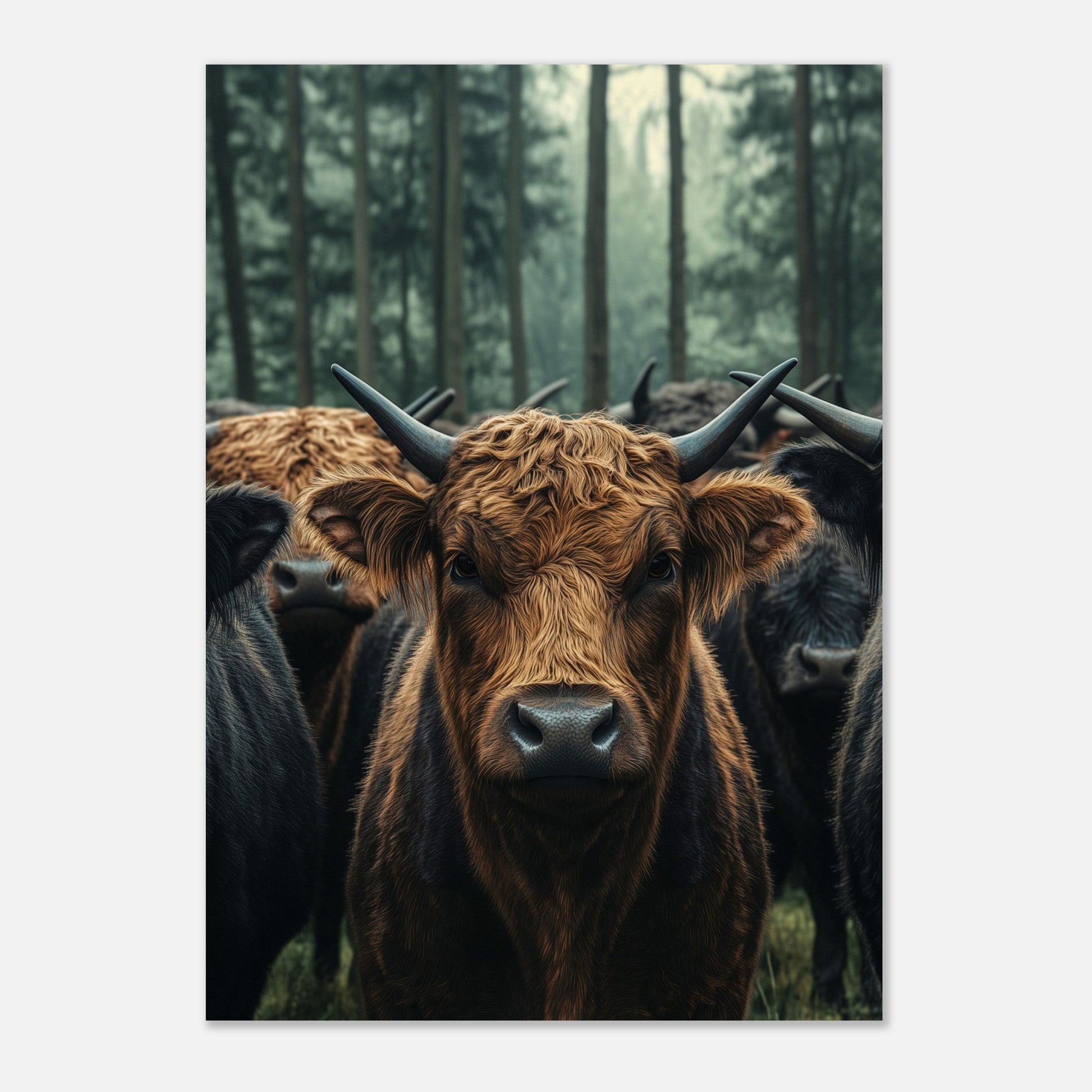 This captivating image features a herd of Highland cattle standing in a misty forest. The central focus is on a brown Highland cow, with its distinctive long horns and shaggy coat, staring directly at the viewer. The background showcases tall trees enveloped in fog, adding a mystical ambiance to the scene.