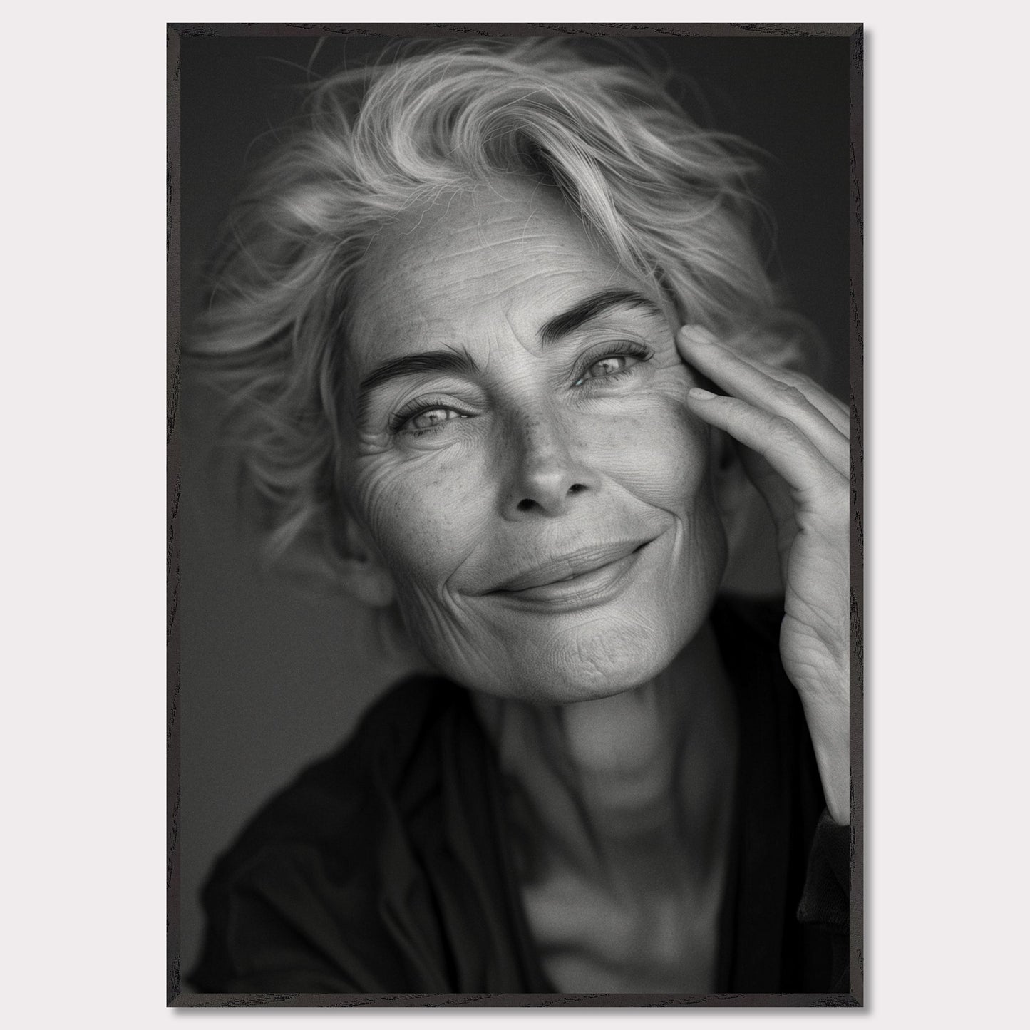 This black-and-white portrait captures the serene and wise expression of an elderly woman. Her gentle smile and relaxed pose exude a sense of peace and contentment.