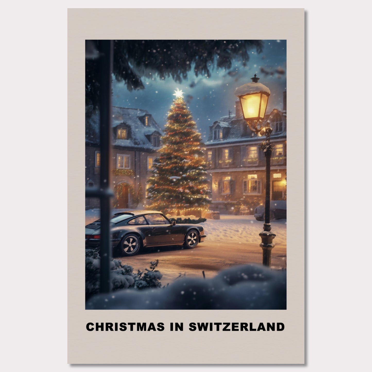 This heartwarming poster depicts a magical Swiss town square adorned with a glowing Christmas tree under a snowy evening sky. A classic vintage car adds a nostalgic charm, parked amidst festive lights and cozy, snow-covered houses. The scene invites you to experience the serene joy of a Swiss Christmas.