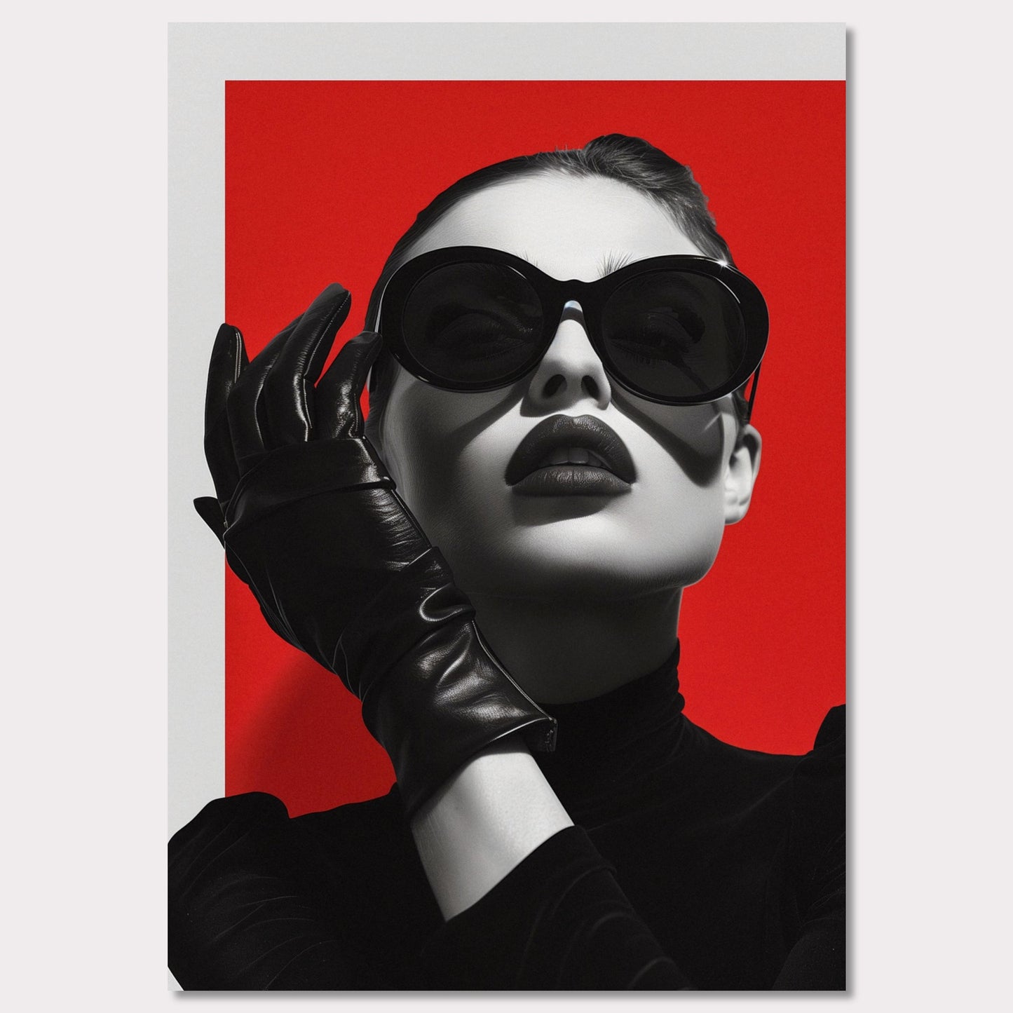 This striking black and white portrait features a stylish woman against a bold red background. Her look is accentuated by oversized sunglasses, dark lipstick, and sleek leather gloves, exuding an air of mystery and sophistication.