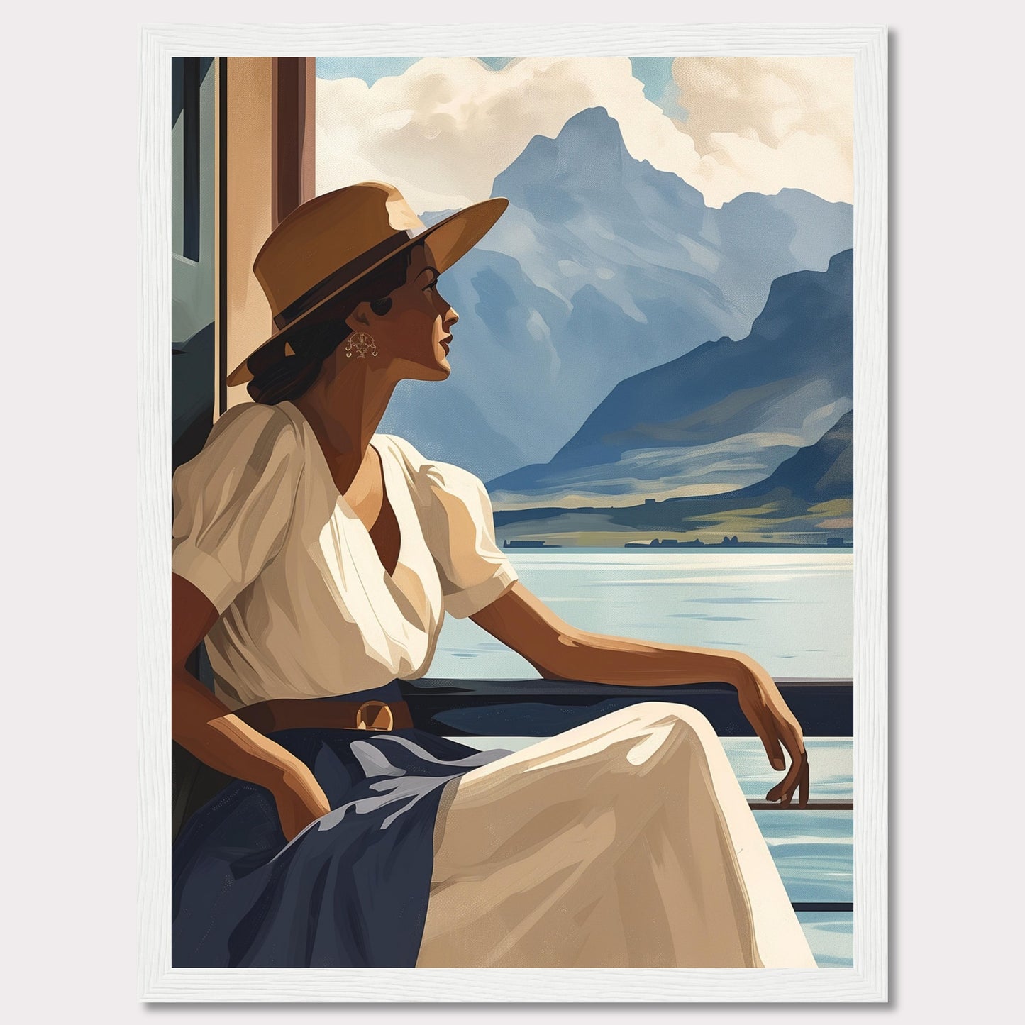 This captivating artwork features a serene woman in a white dress and wide-brimmed hat, gazing out at a tranquil lake with majestic mountains in the background. The scene evokes a sense of peace and contemplation, inviting viewers to pause and appreciate the beauty of nature.