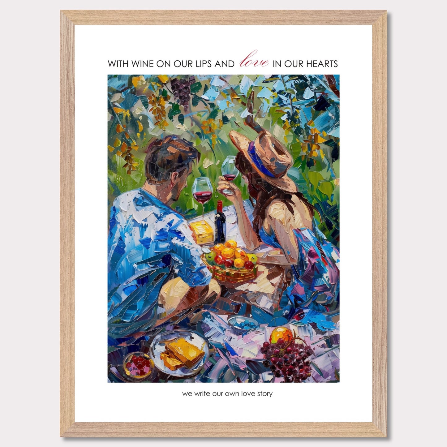 Couple on a summer picnic - Poster with a wooden frame