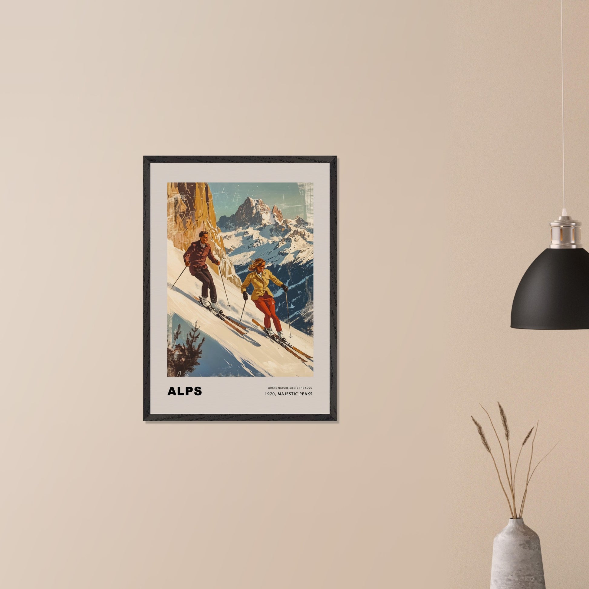 This striking vintage poster celebrates the grandeur of the Alps, depicting a dynamic pair of skiers descending snowy slopes with towering peaks in the background. Their confident movements against the crisp, majestic scenery capture the essence of alpine adventure. The warm, retro tones paired with the timeless typography evoke a sense of nostalgia and the spirit of mountain exploration.