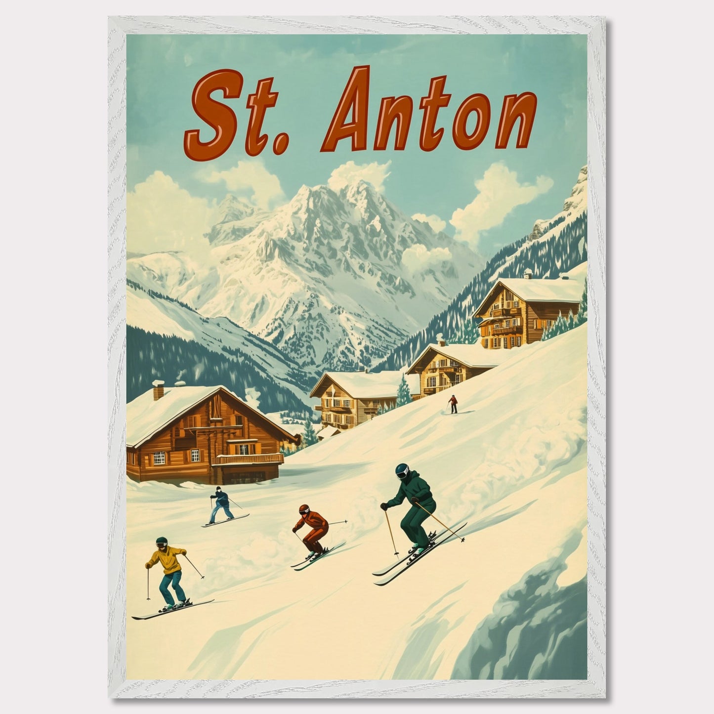 This vibrant retro-style poster captures the thrilling energy of skiing in St. Anton. The scene depicts skiers carving down the slopes, with picturesque alpine chalets nestled in the snow-covered hills and the majestic mountains towering in the background. The warm tones of the sky and the clean, crisp snow evoke the exhilarating experience of a winter sports haven. The bold retro typography adds a touch of nostalgia, perfectly highlighting the charm and adventure of St. Anton.