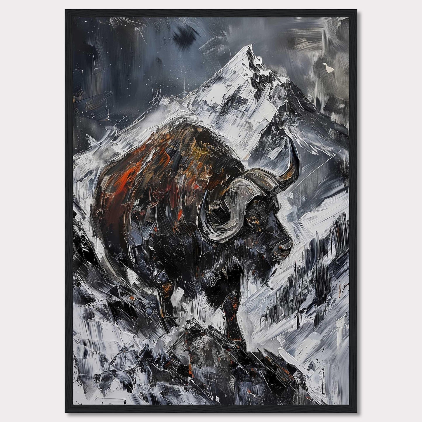 This striking painting captures the raw power of a buffalo against a dramatic mountainous backdrop. The bold brushstrokes and intense colors create a sense of movement and energy.