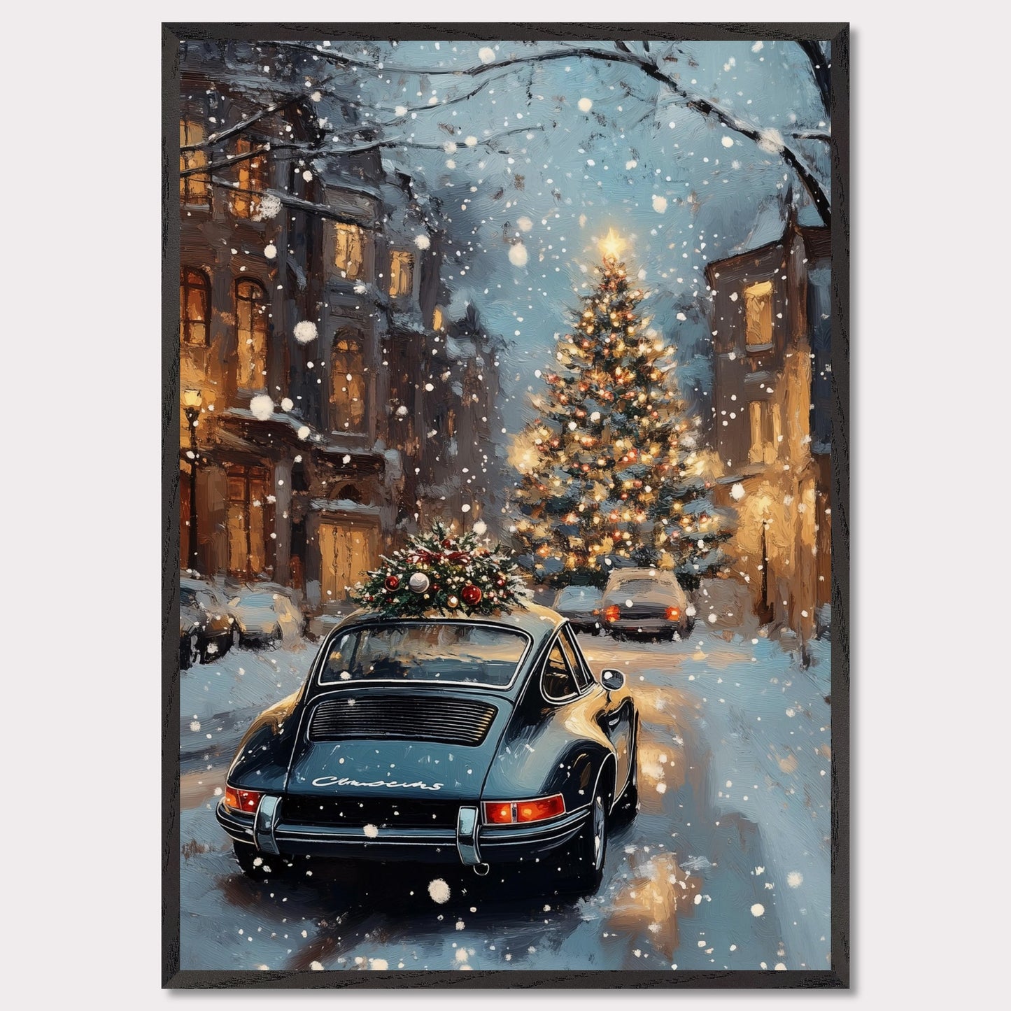 This enchanting poster portrays a snowy Swiss street with a beautifully adorned vintage car carrying a Christmas tree. The softly glowing lights and festive decorations create an atmosphere of joyous holiday anticipation. The combination of timeless cars and seasonal spirit brings a unique charm to this holiday scene.