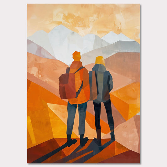 This illustration depicts two figures standing side by side, gazing at a mountainous landscape.