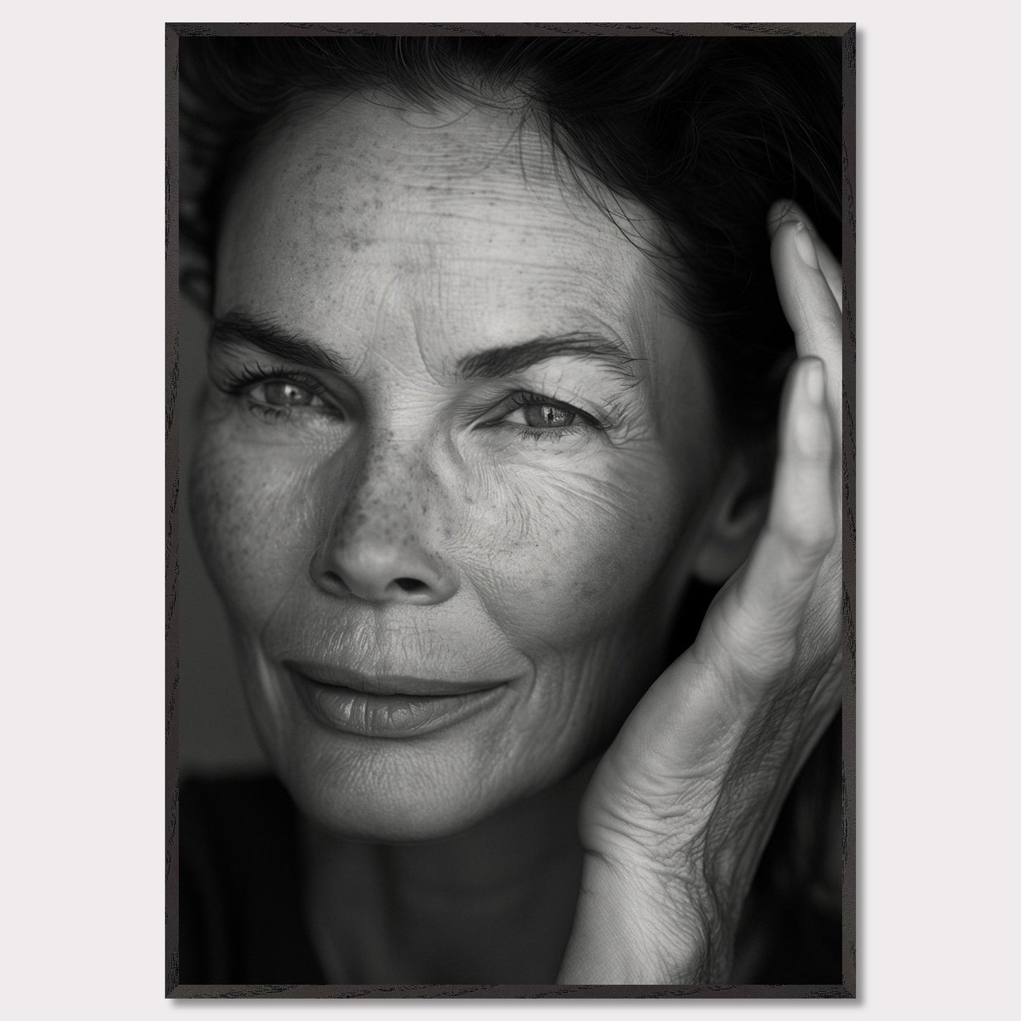 This black and white close-up portrait captures the essence of wisdom and serenity. The woman's expressive eyes, gentle smile, and the texture of her skin tell a story of a life well-lived.